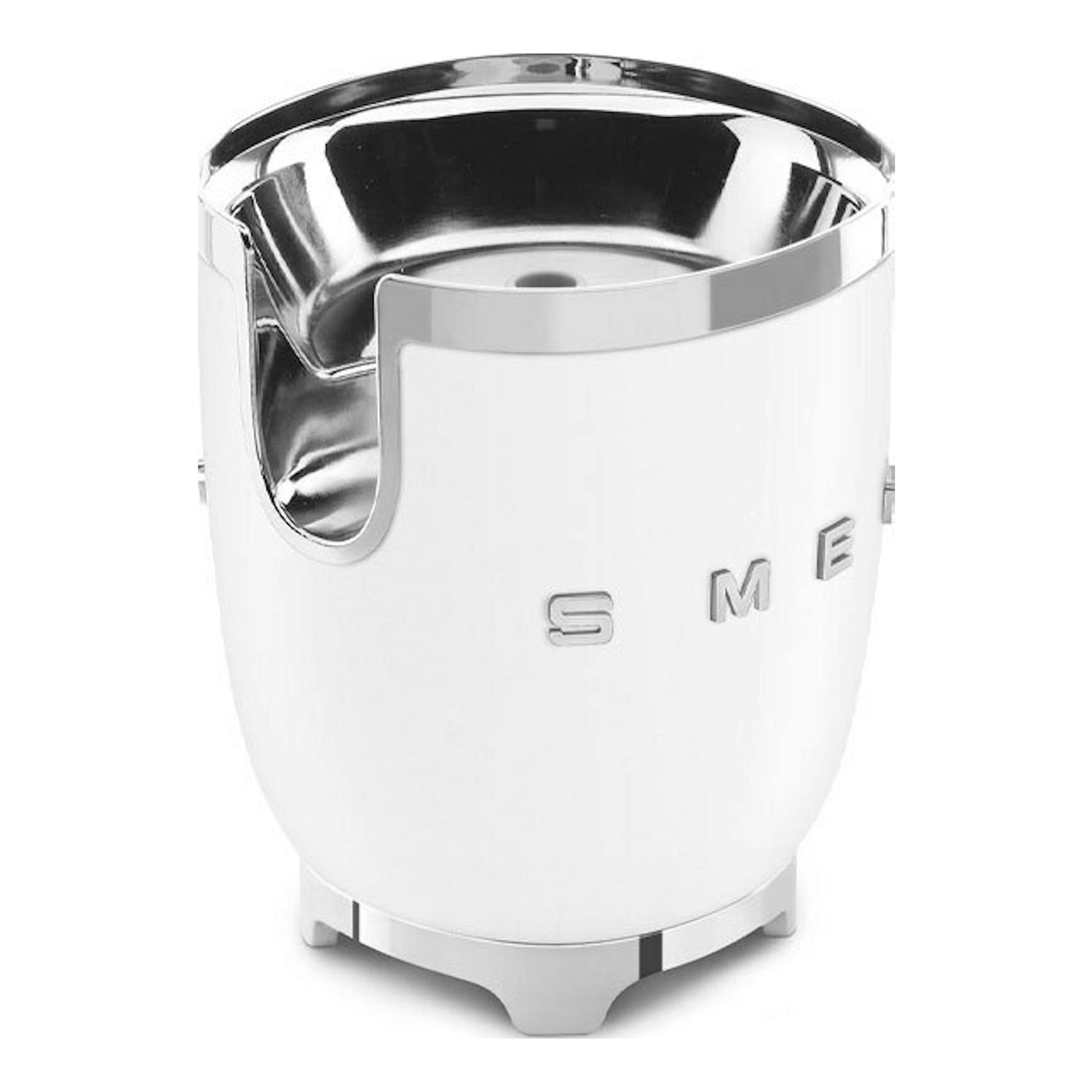 Exprimidor Smeg CJF01 blanco, vista frontal, con interior cromado.