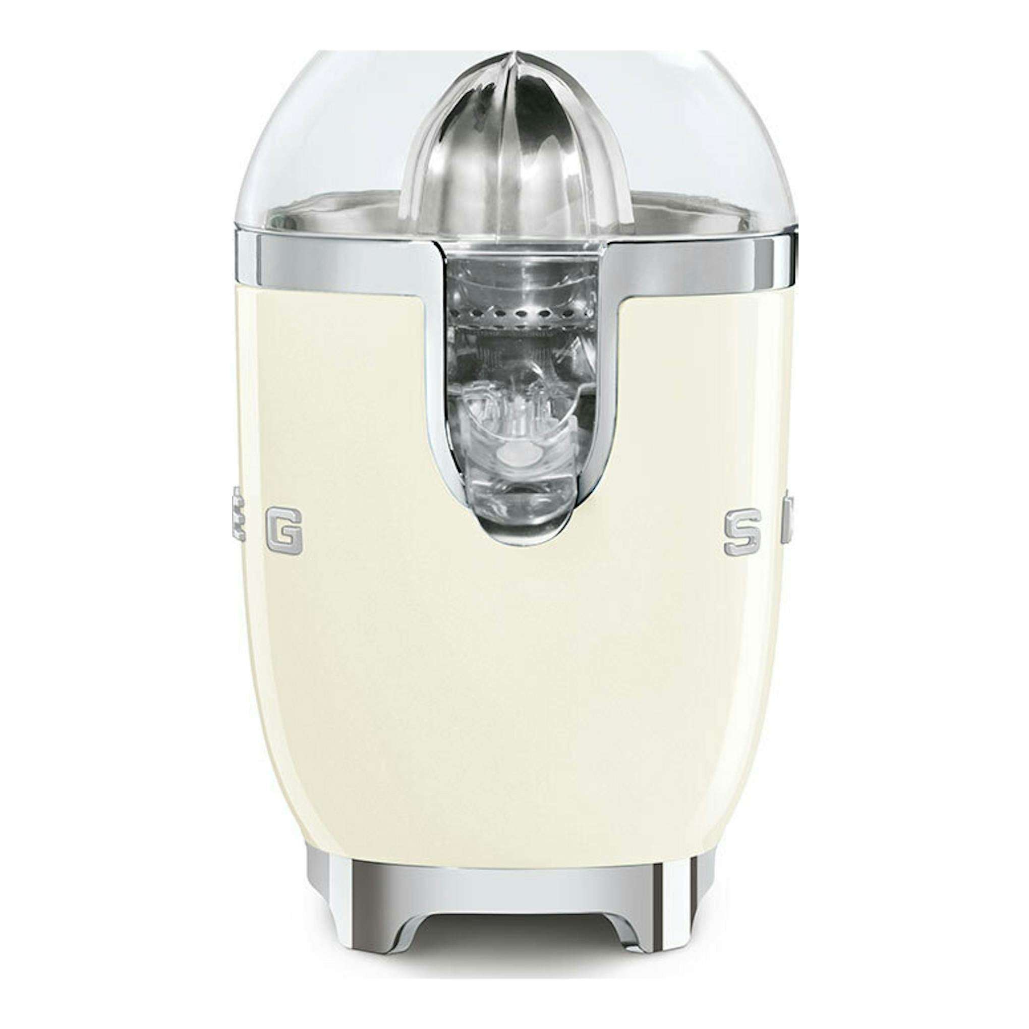 Exprimidor Smeg CJF11CREU crema, vista frontal, con tapa transparente y detalles cromados.