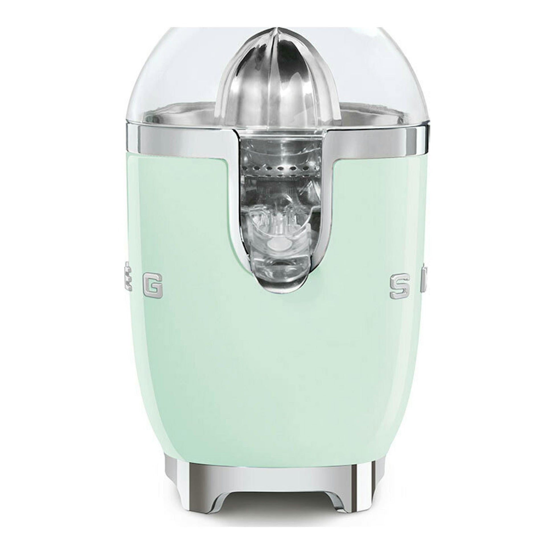 Exprimidor Smeg CJF11PGEU verde menta, vista frontal, con tapa y cuerpo cromados.