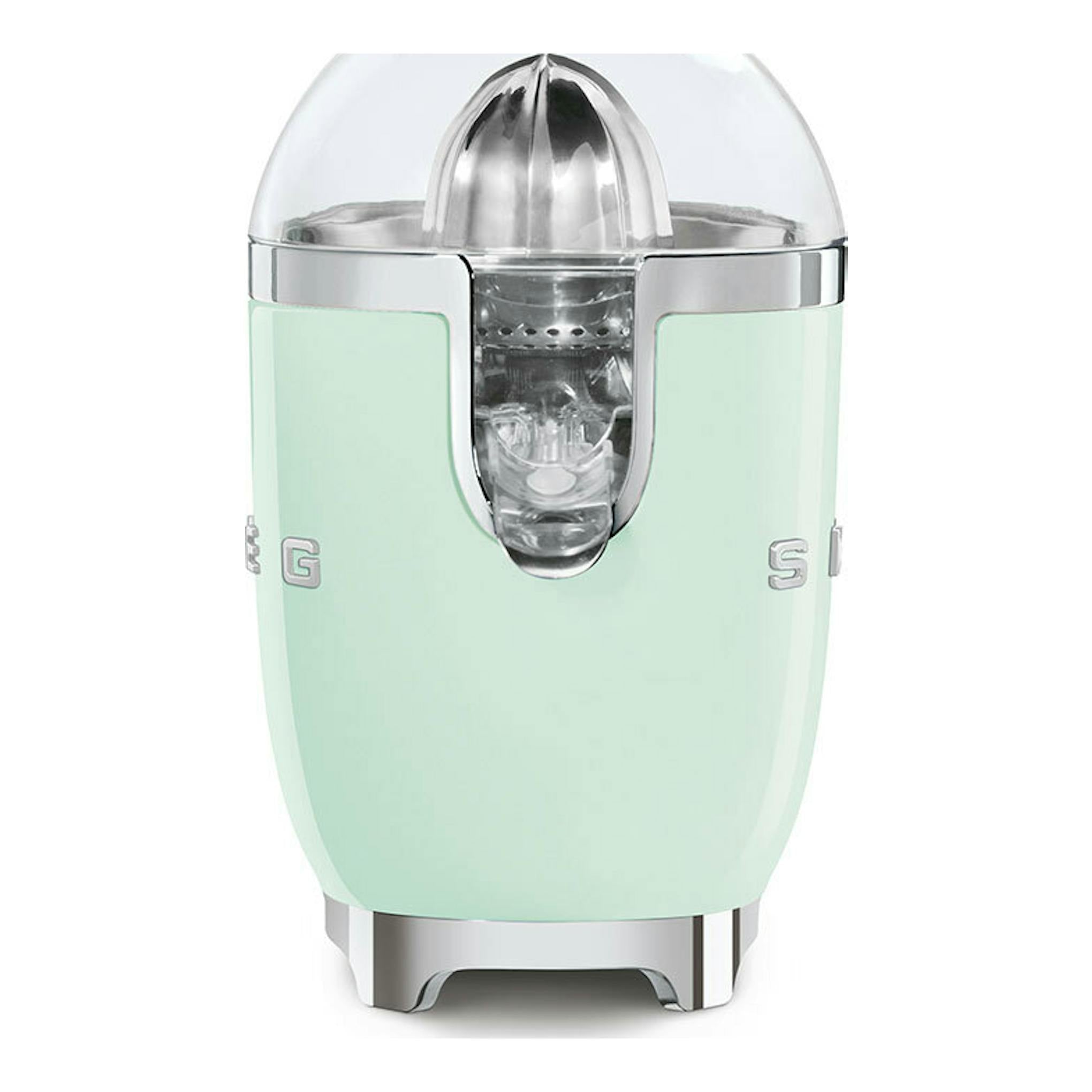 Exprimidor Smeg CJF11PGEU verde menta, vista frontal, con tapa y cuerpo cromados.