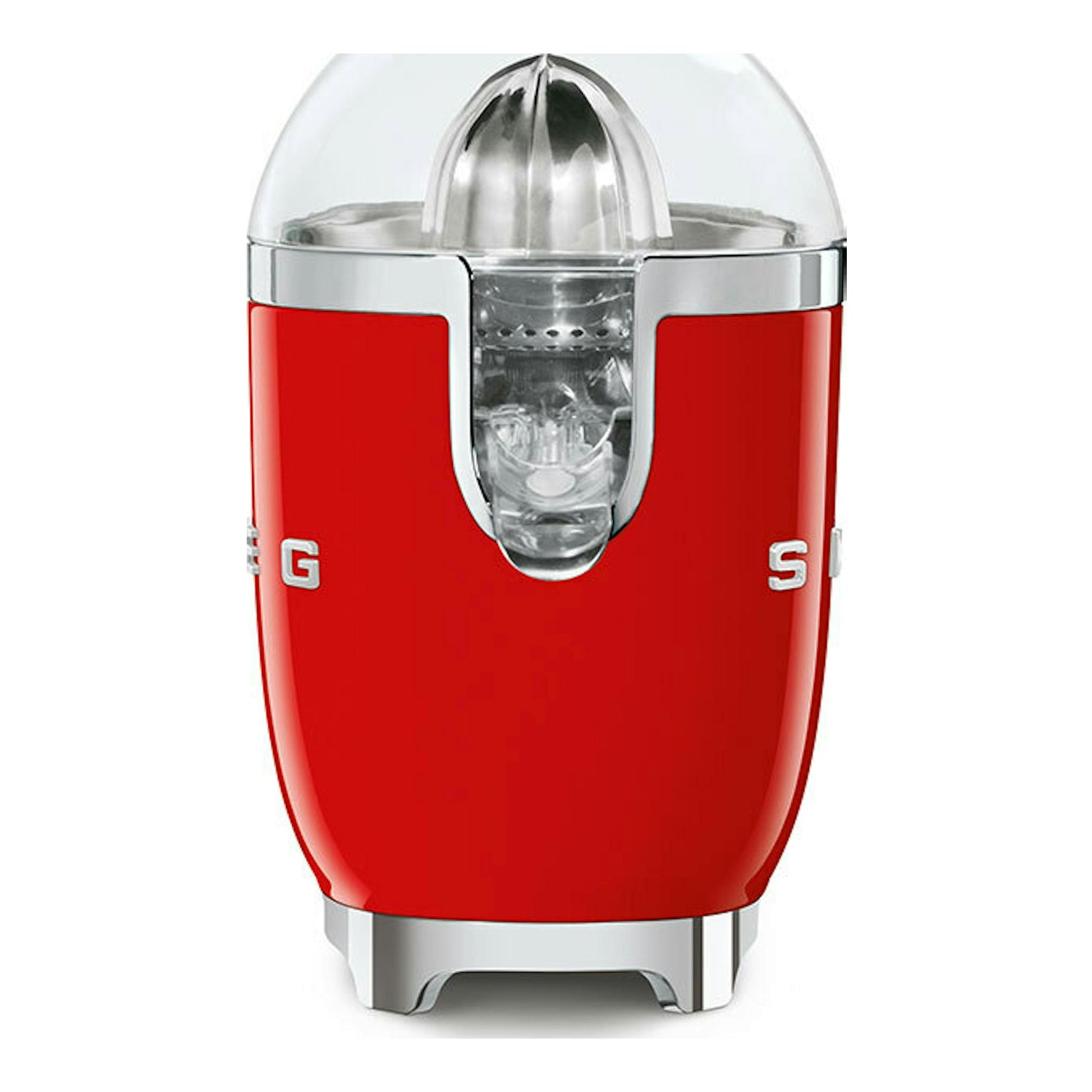 Smeg CJF11RDEU, exprimidor rojo con detalles cromados y tapa transparente, vista frontal.