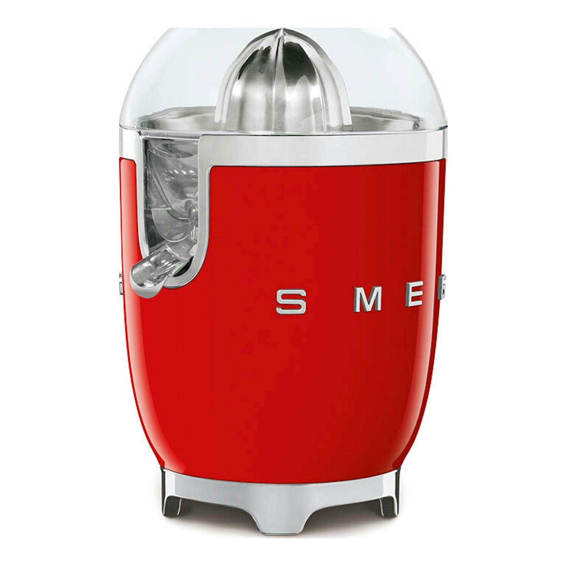 Exprimidor Smeg CJF11RDEU rojo, vista frontal, con tapa transparente y detalles plateados.