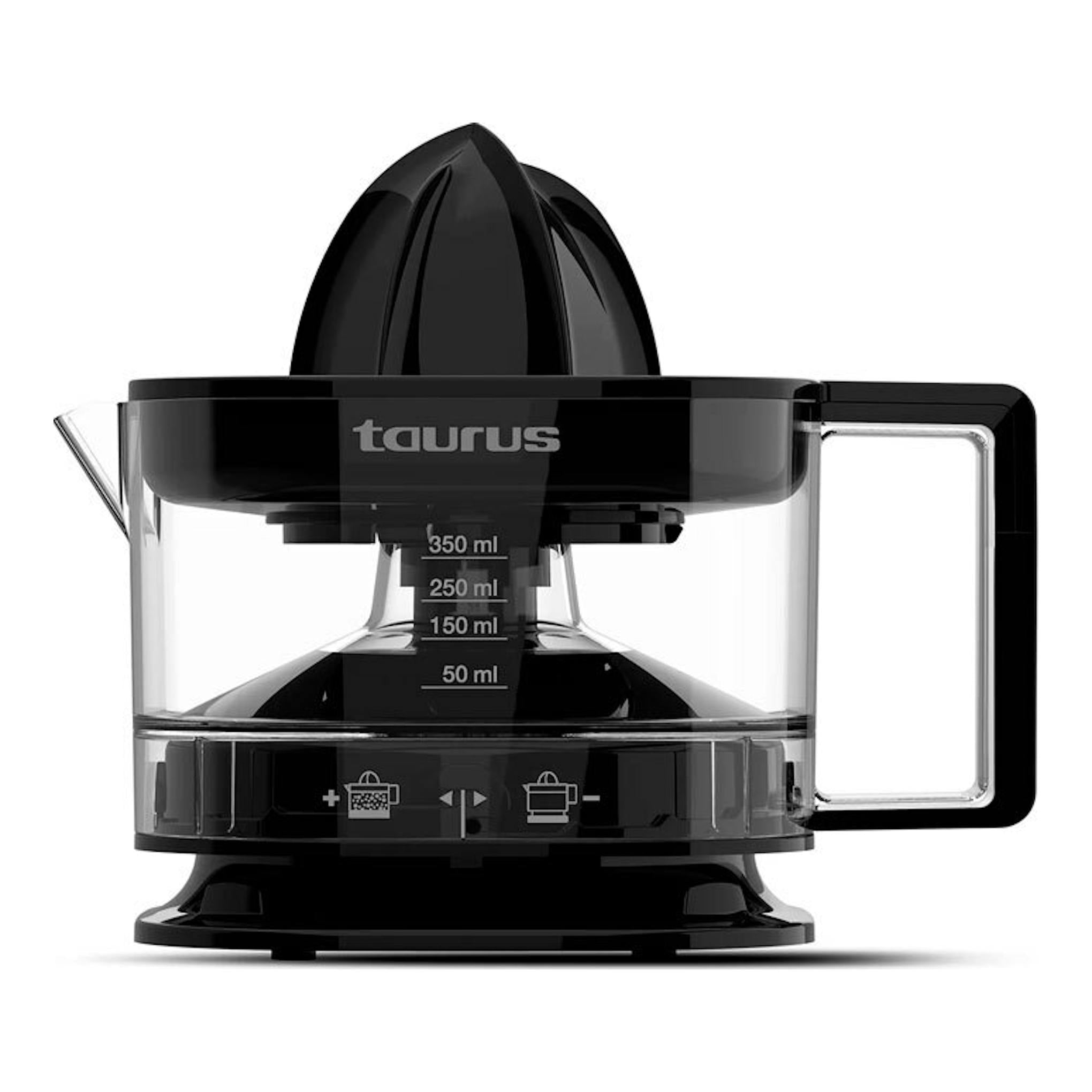 Exprimidor Taurus TC-350 Nero negro, vista frontal, con jarra transparente y asa lateral.