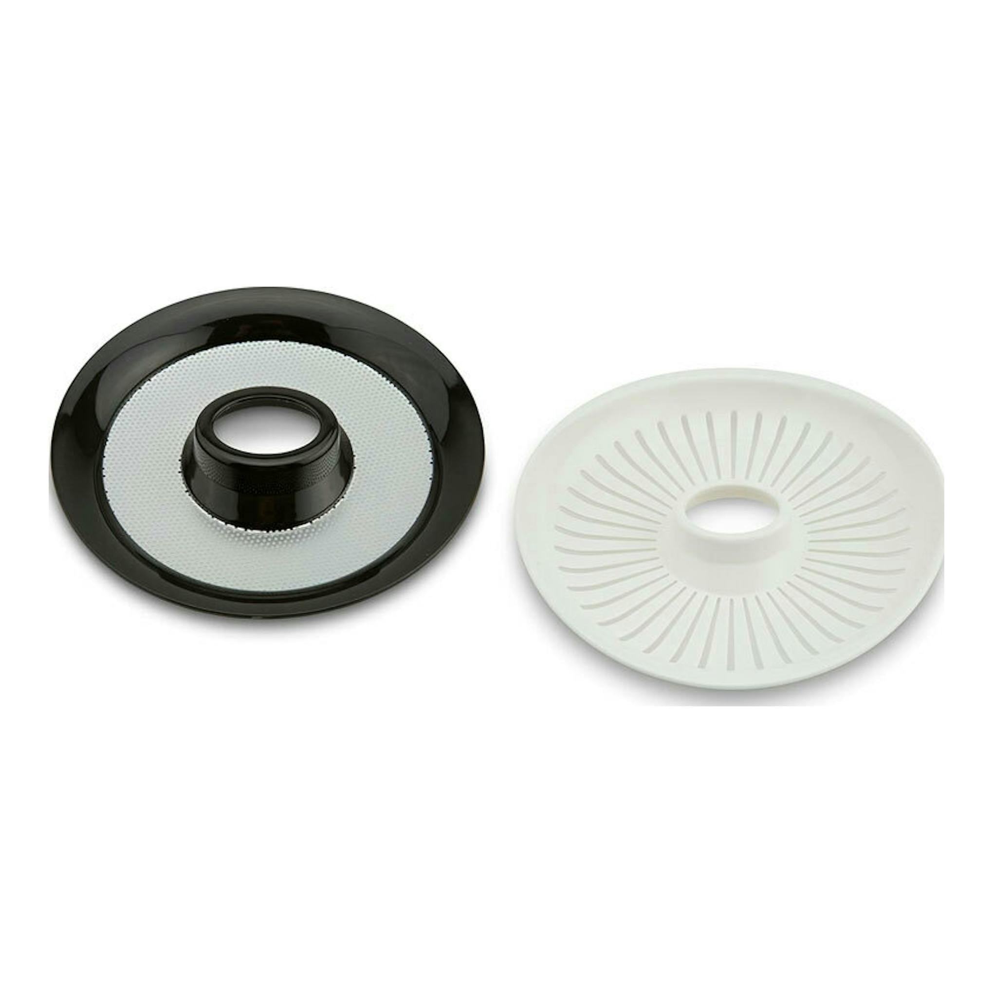 Moulinex PC300B10: dos filtros circulares de exprimidor, uno negro y otro blanco, vistos desde arriba.
