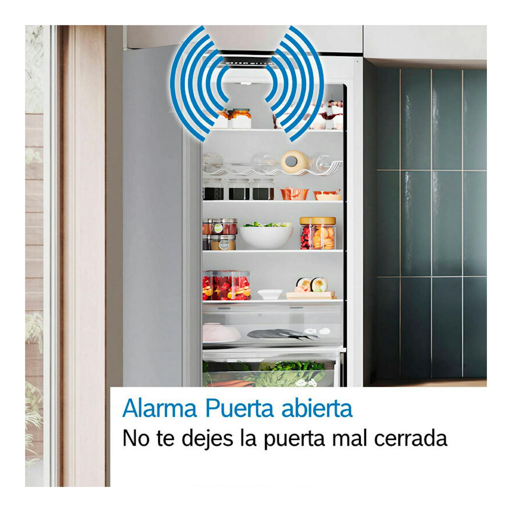 Frigorífico combi Bosch KGN39VWEB blanco, frontal con puerta abierta e interior visible en cocina.