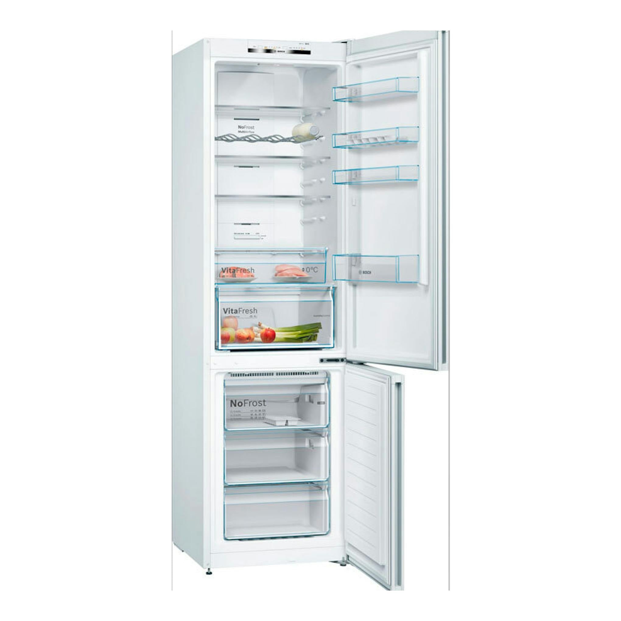 Frigorífico combi Bosch KGN39VWEB blanco, puerta abierta, vista frontal en estudio, interior con baldas y cajones.