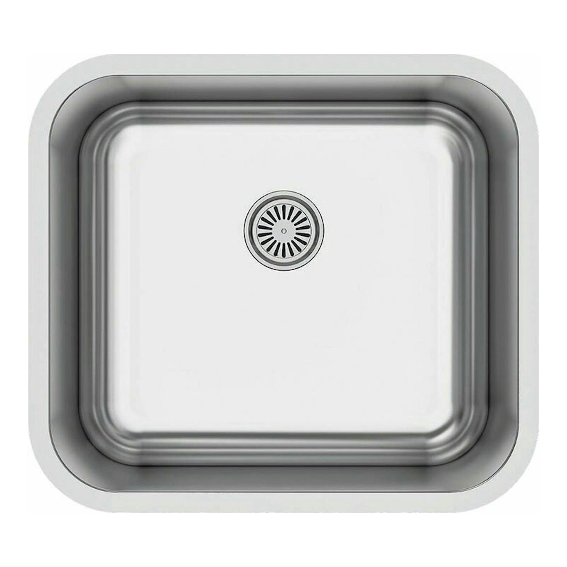 Fregadero Cata CBP4540 inox, vista superior de cubeta cuadrada de acero inoxidable con desagüe central.