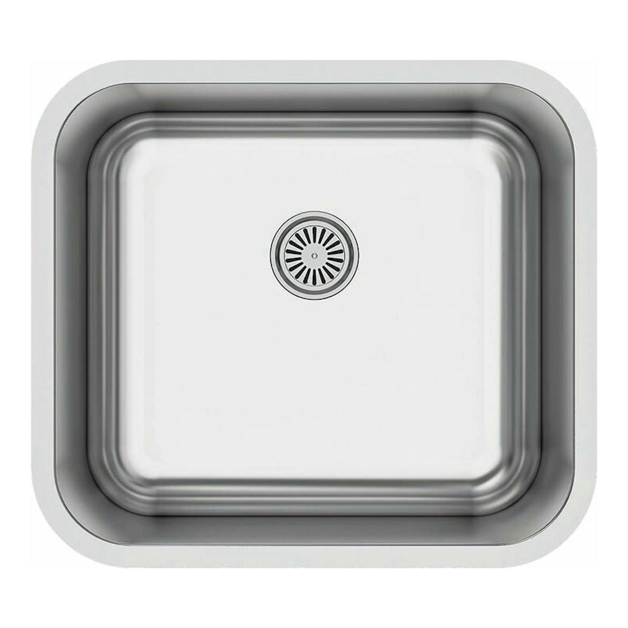 Fregadero Cata CBP4540 inox, vista superior de cubeta cuadrada de acero inoxidable con desagüe central.