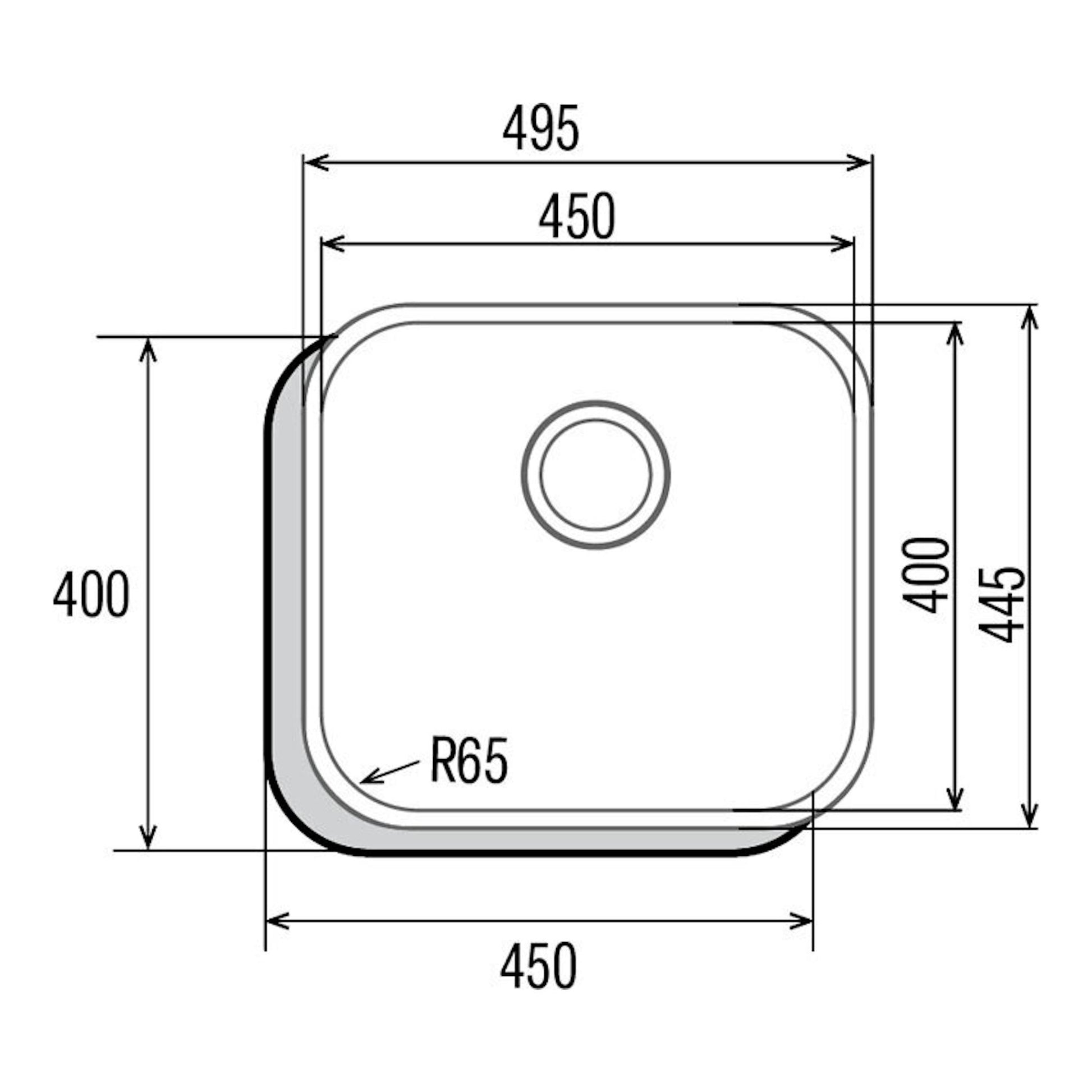 Dibujo técnico del fregadero Cata CBP4540 inox, vista superior, con medidas 495x445 mm y desagüe central.