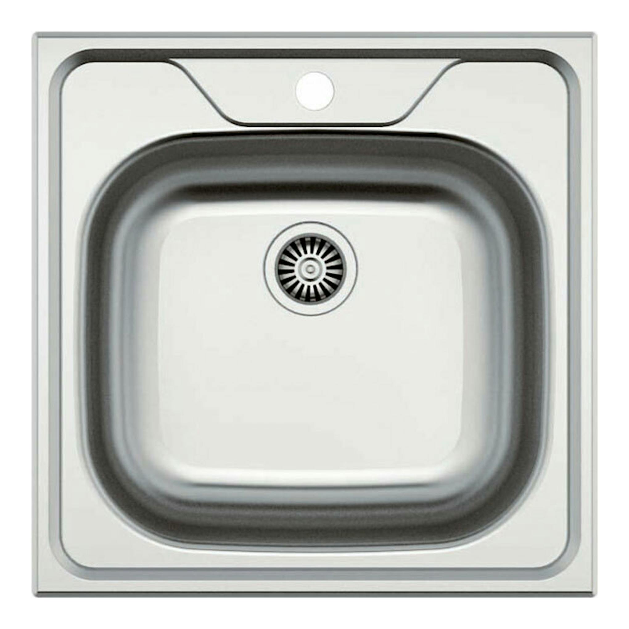Fregadero Cata CS1X de acero inoxidable, vista superior, con cubeta única y orificio para grifo.