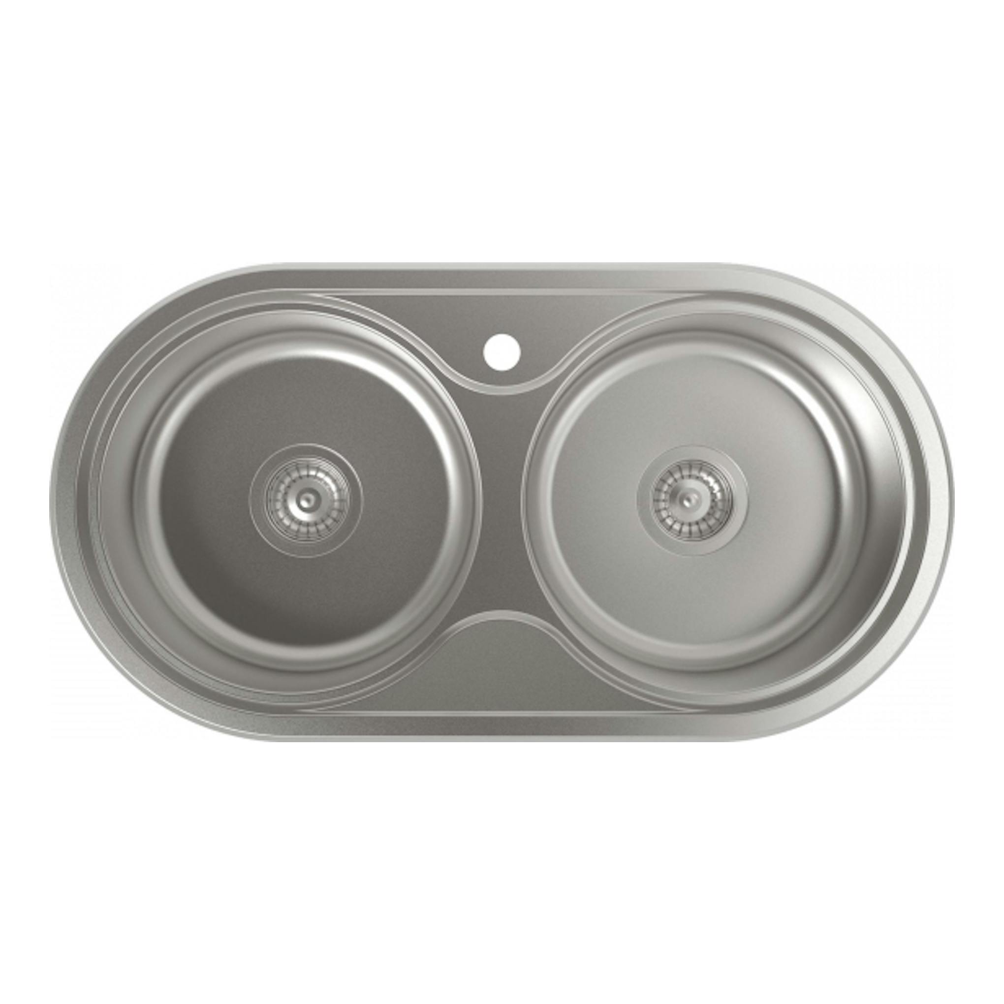 Fregadero Cata R-2 AG de acero inoxidable, vista cenital, con 2 cubetas ovaladas y orificio central.