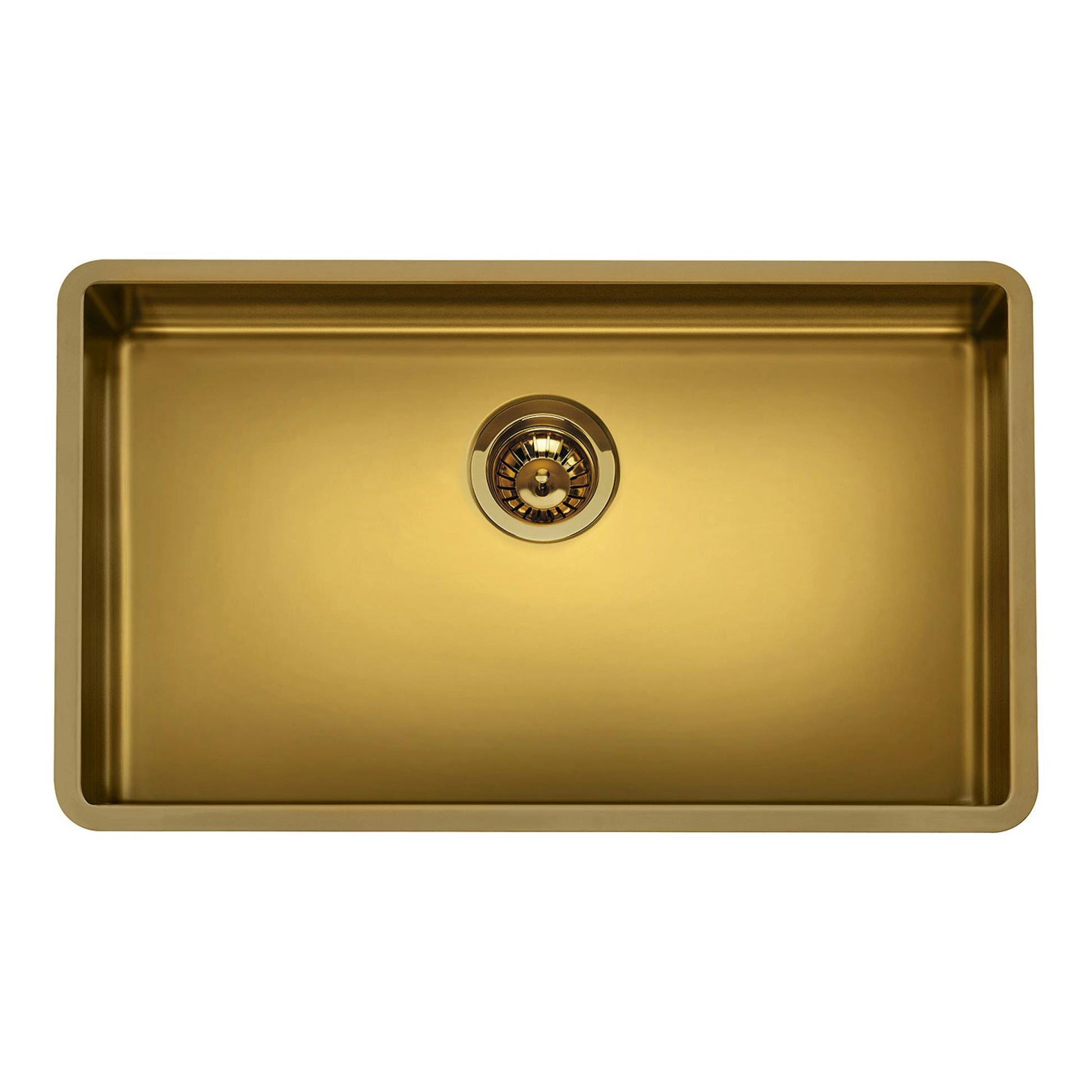 Fregadero de cocina Smeg VSTR71BRX, vista superior, una cubeta rectangular en color dorado acero inoxidable.