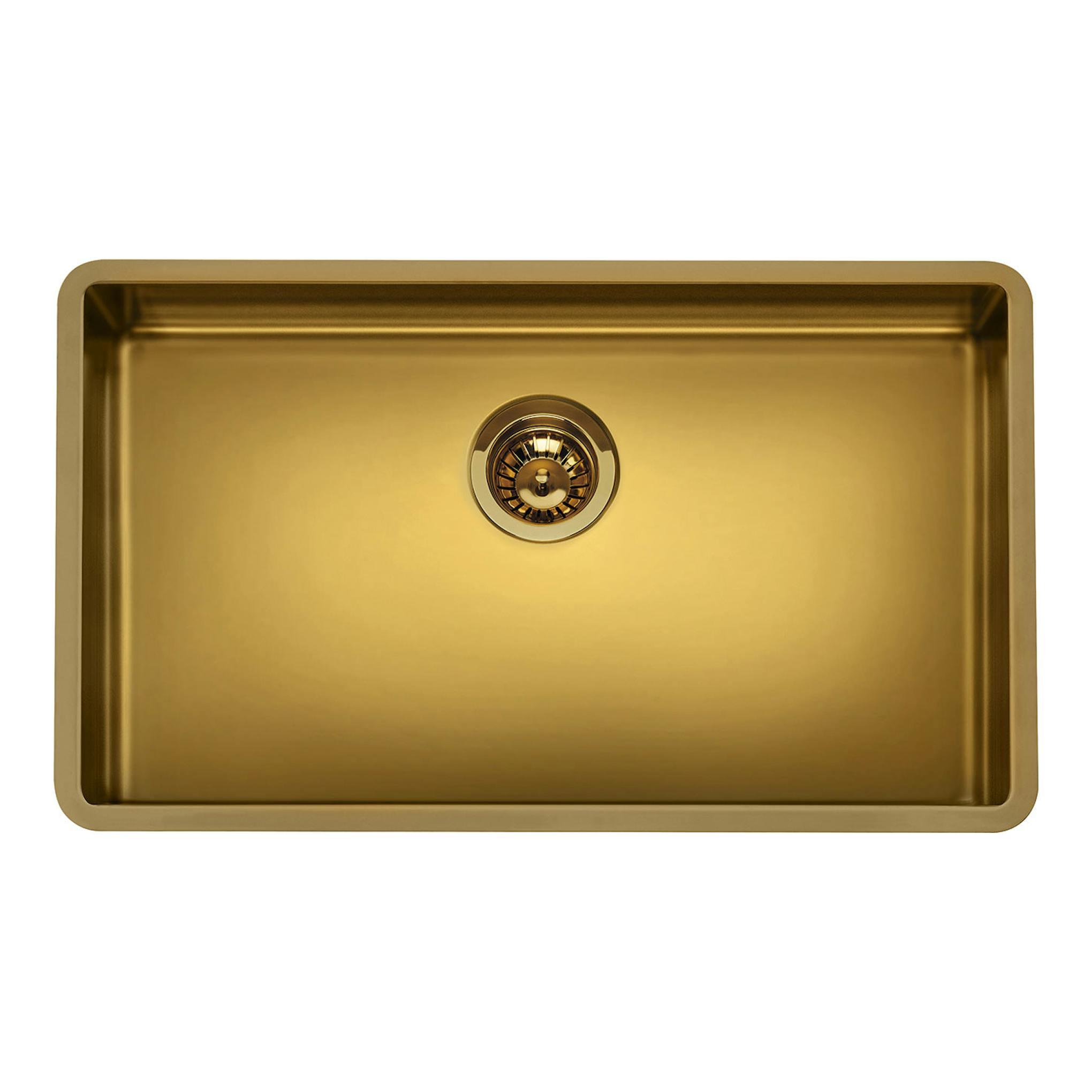 Fregadero de cocina Smeg VSTR71BRX, vista superior, una cubeta rectangular en color dorado acero inoxidable.