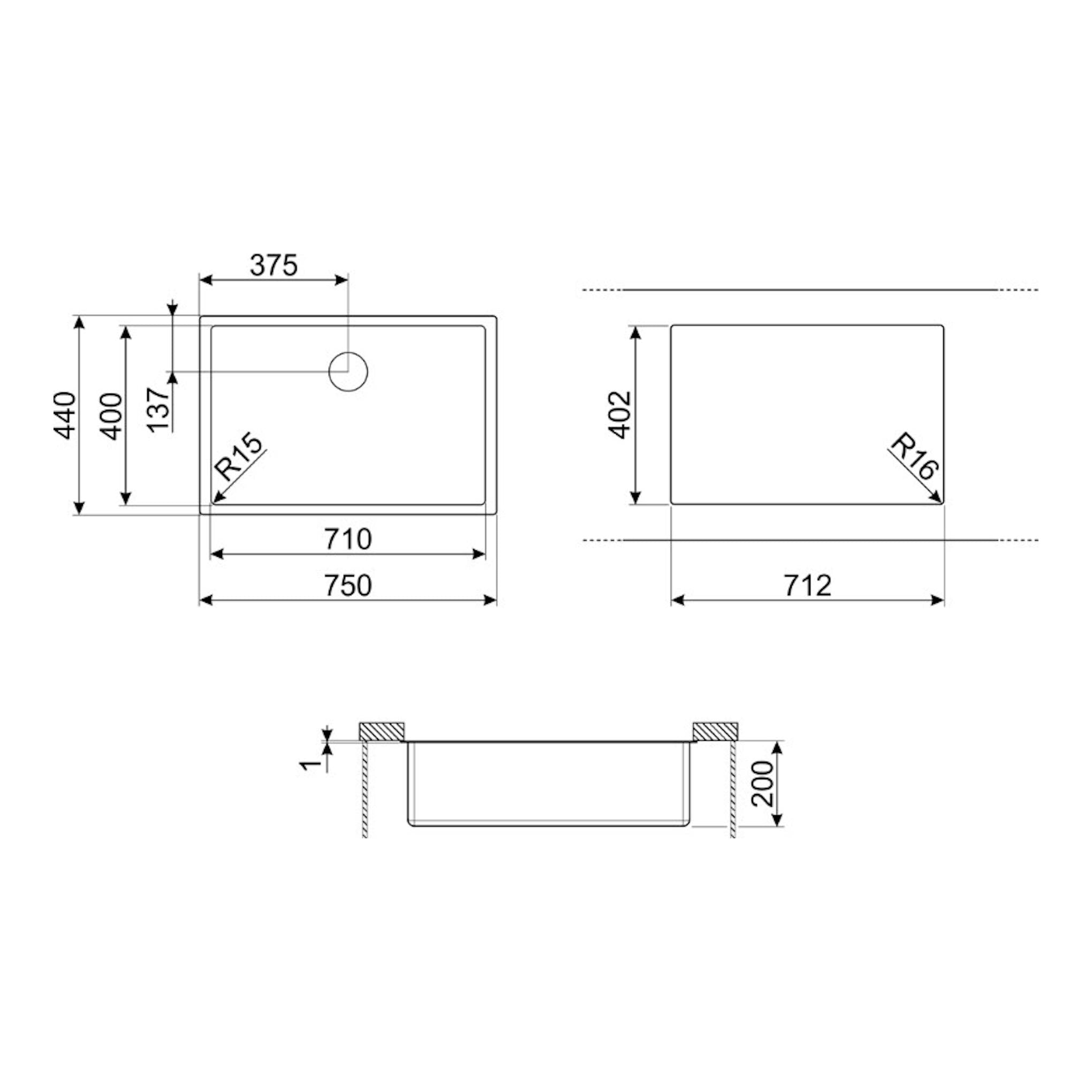Plano técnico del fregadero Smeg VSTR71BRX, vista superior y lateral, rectangular, con medidas.