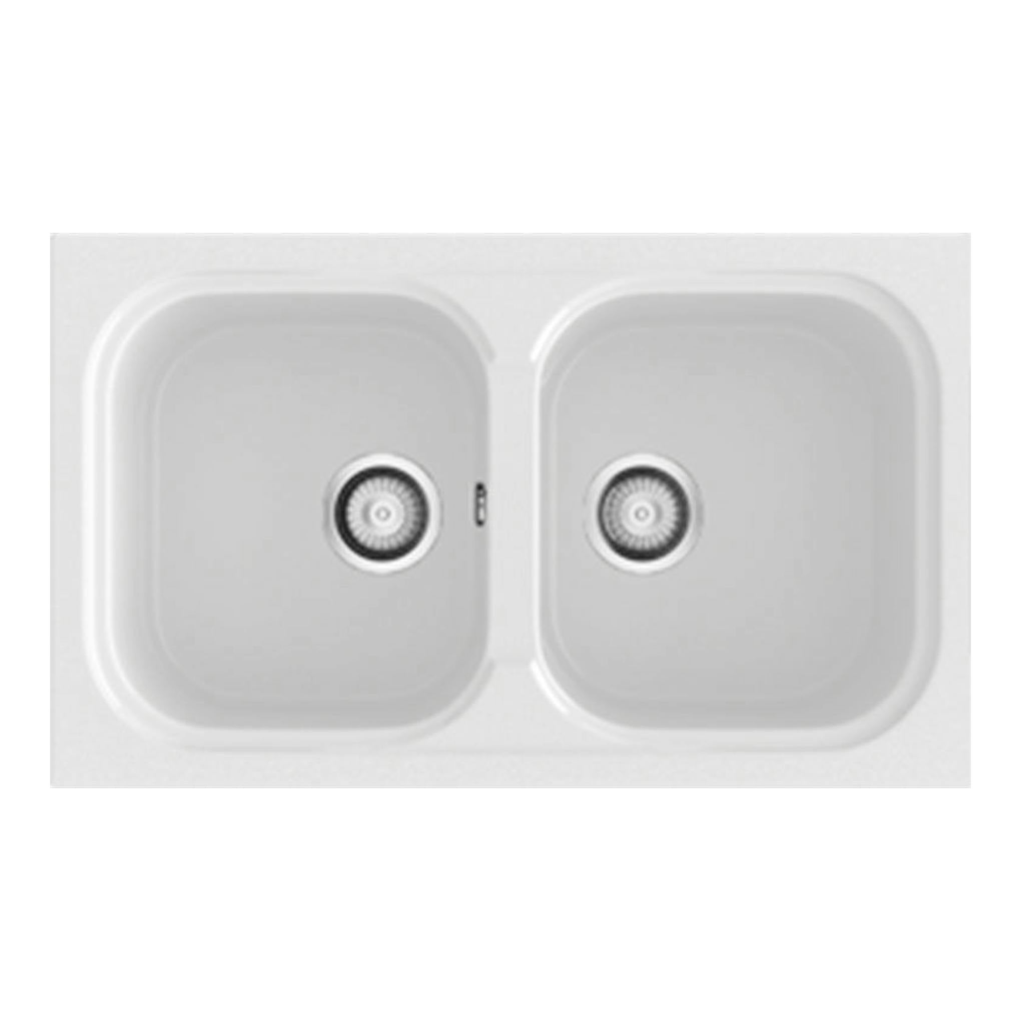 Fregadero Poalgi Amatista blanco brillo, vista superior, doble seno rectangular con dos desagües.