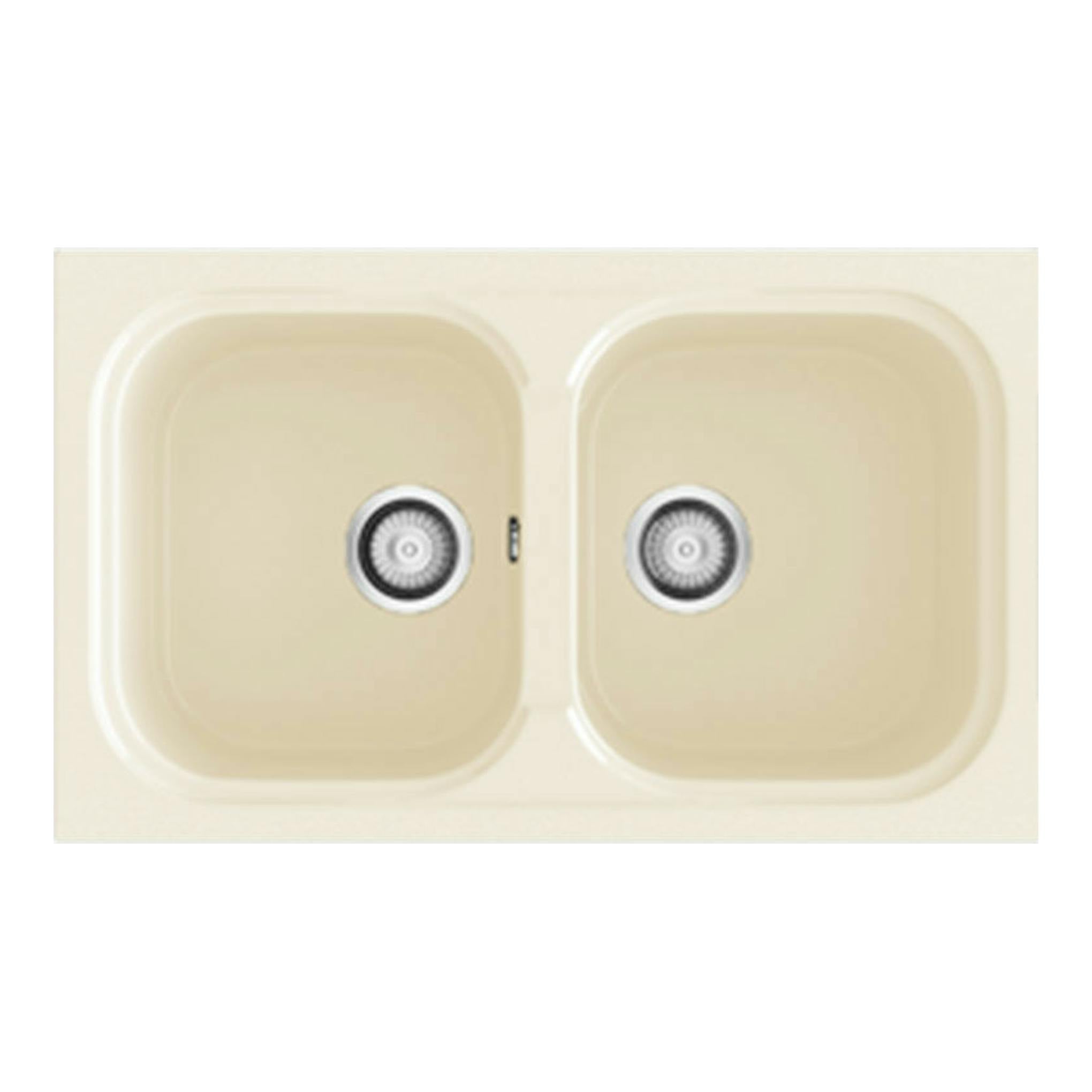 Fregadero Poalgi Amatista Pergamon Brillo, vista cenital, doble seno rectangular beige.
