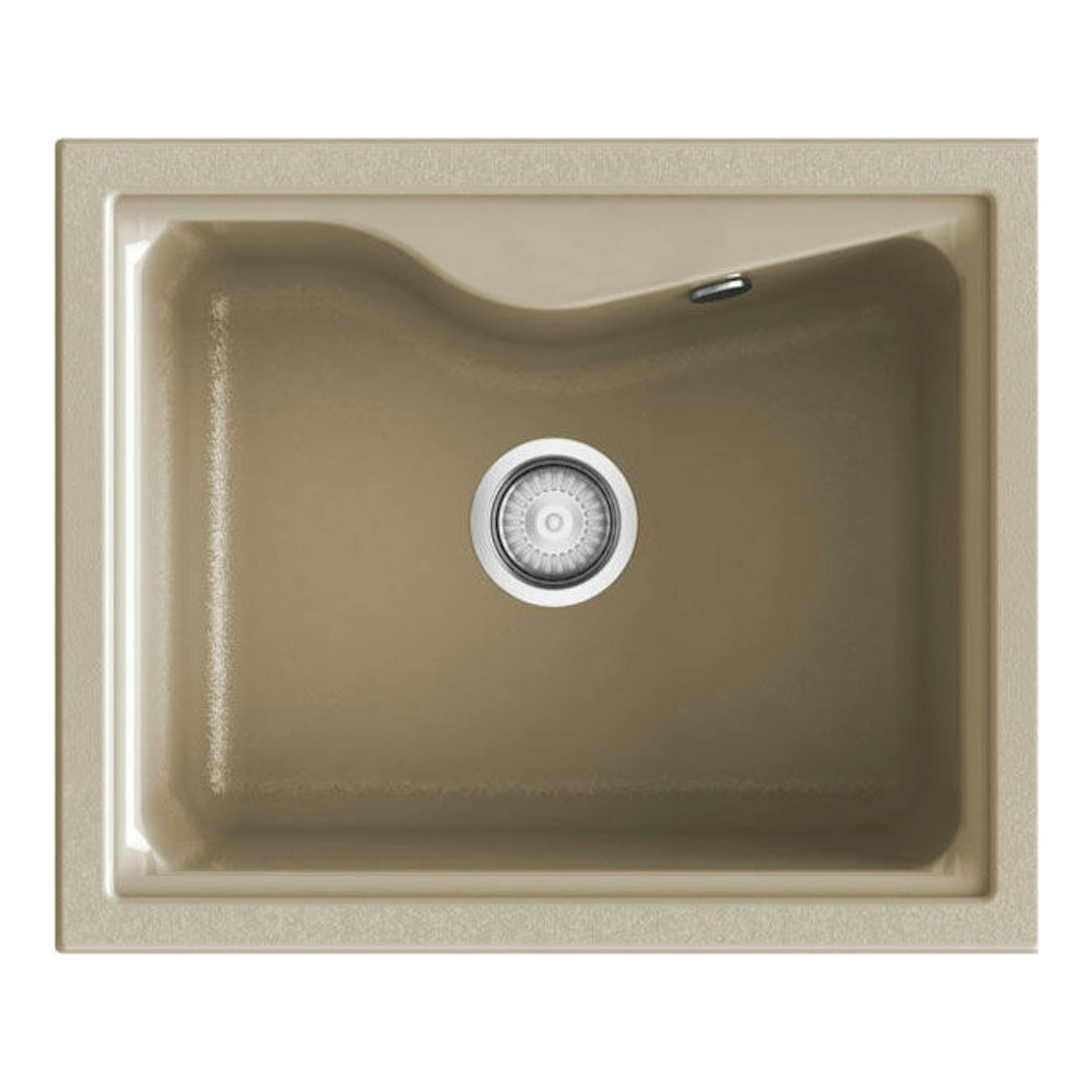 Fregadero Poalgi City 1C Albero Brillo, vista superior, seno único rectangular beige con desagüe central.