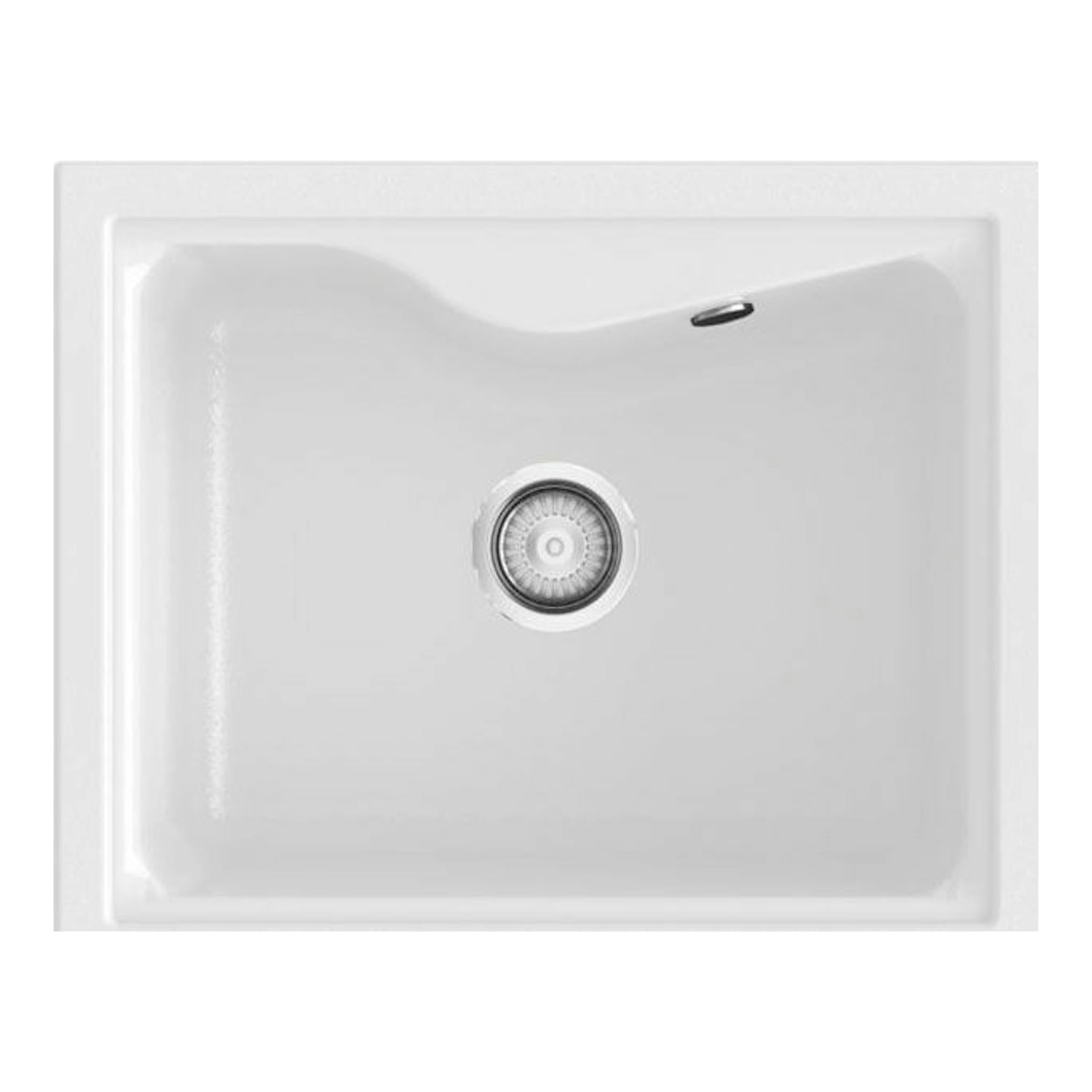 Fregadero Poalgi City 1C blanco brillo, vista cenital, con cubeta rectangular y desagüe central.