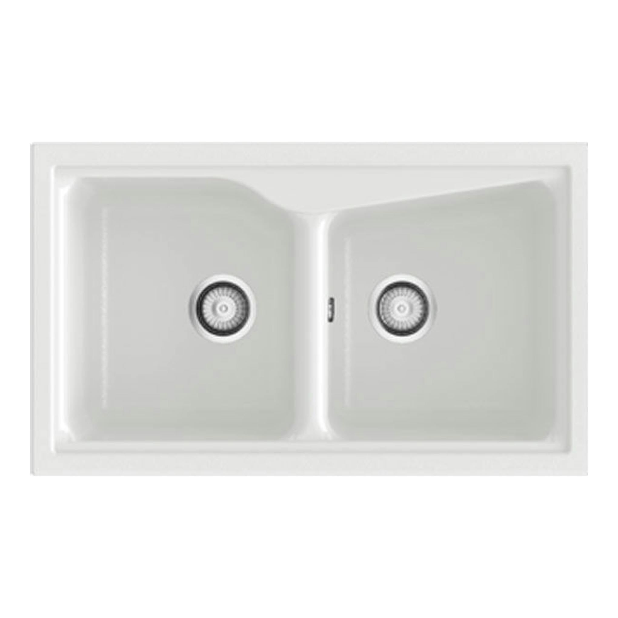 Fregadero Poalgi City 2C blanco mate, vista superior, doble seno rectangular con dos desagües.