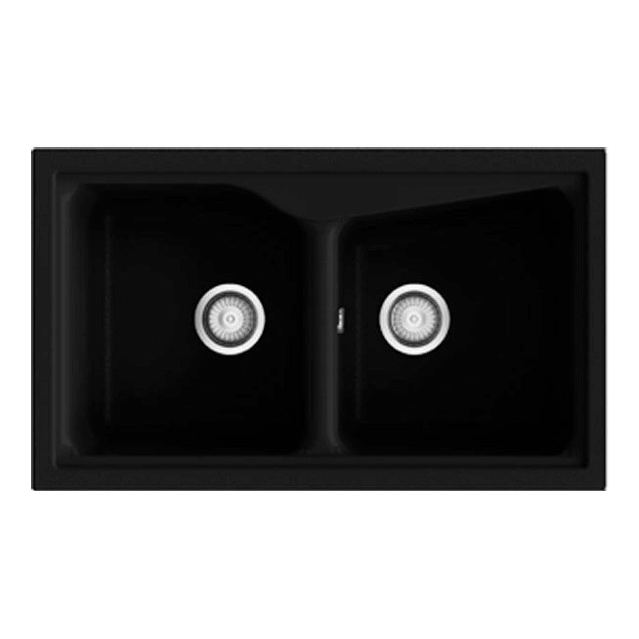Fregadero Poalgi City 2C negro mate, vista superior, doble seno rectangular con dos desagües.