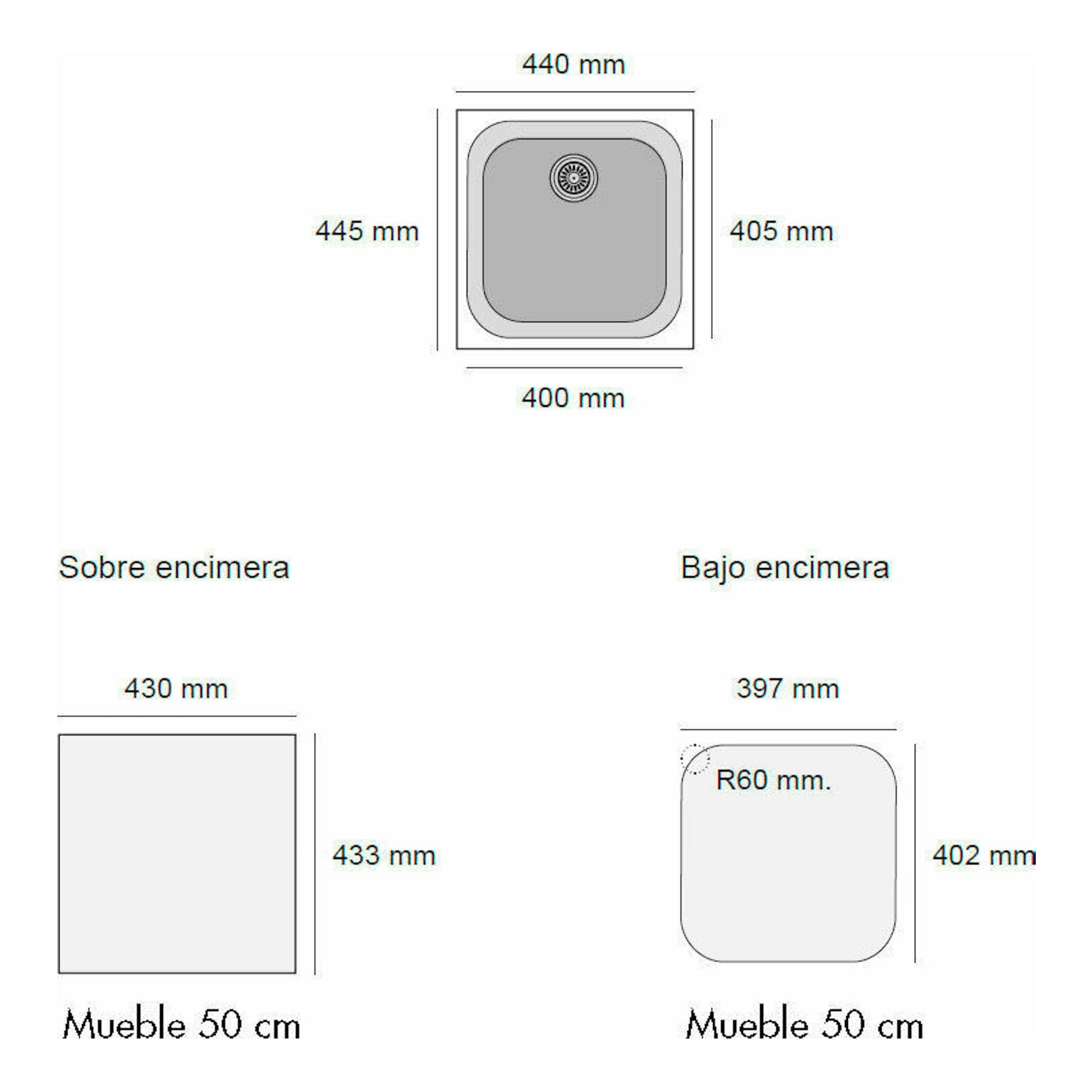 Poalgi Essenzial 40 Ash Gris, esquema técnico de fregadero gris con vista superior y opciones sobre/bajo encimera.