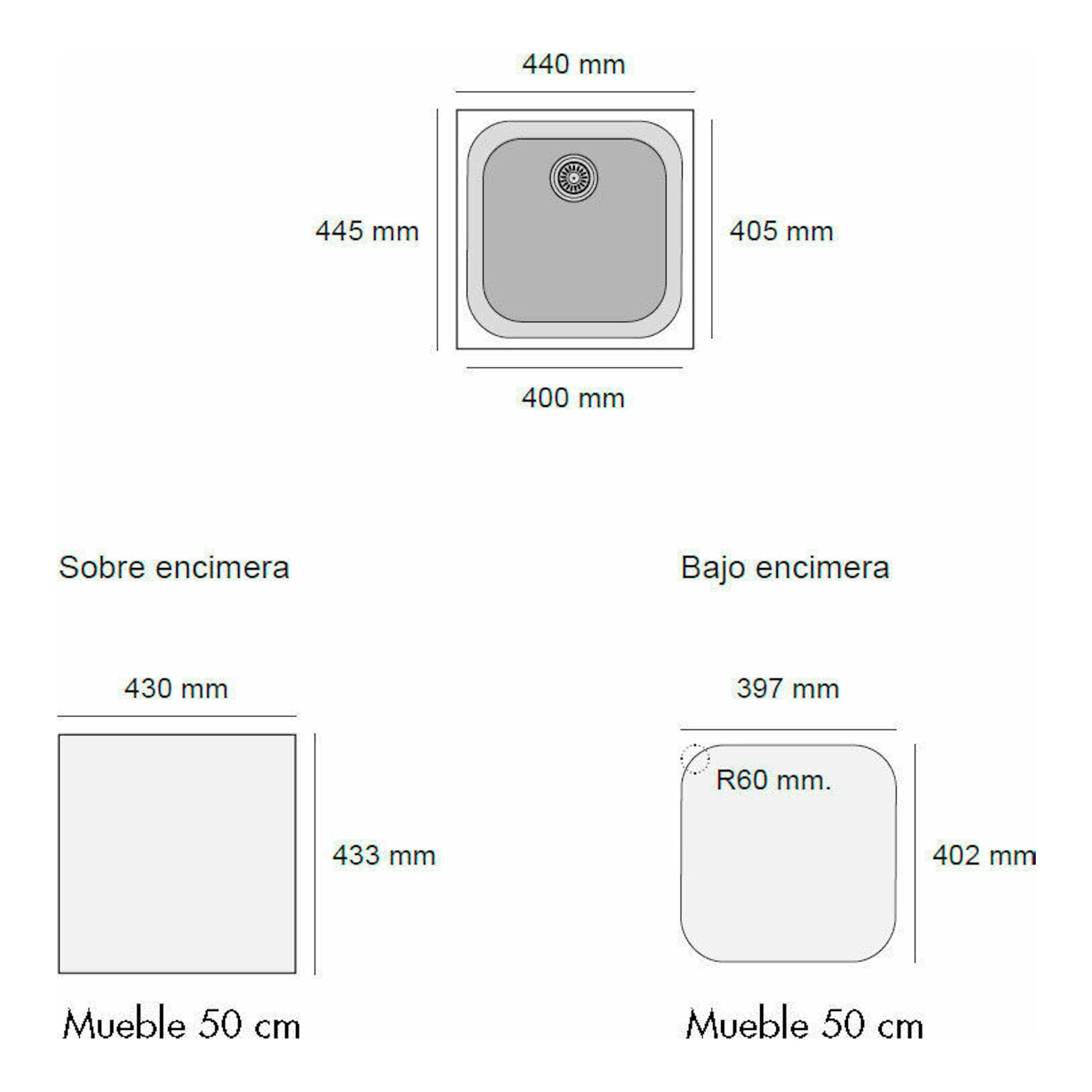 Poalgi Essenzial 40 Ash Gris, esquema técnico de fregadero gris con vista superior y opciones sobre/bajo encimera.