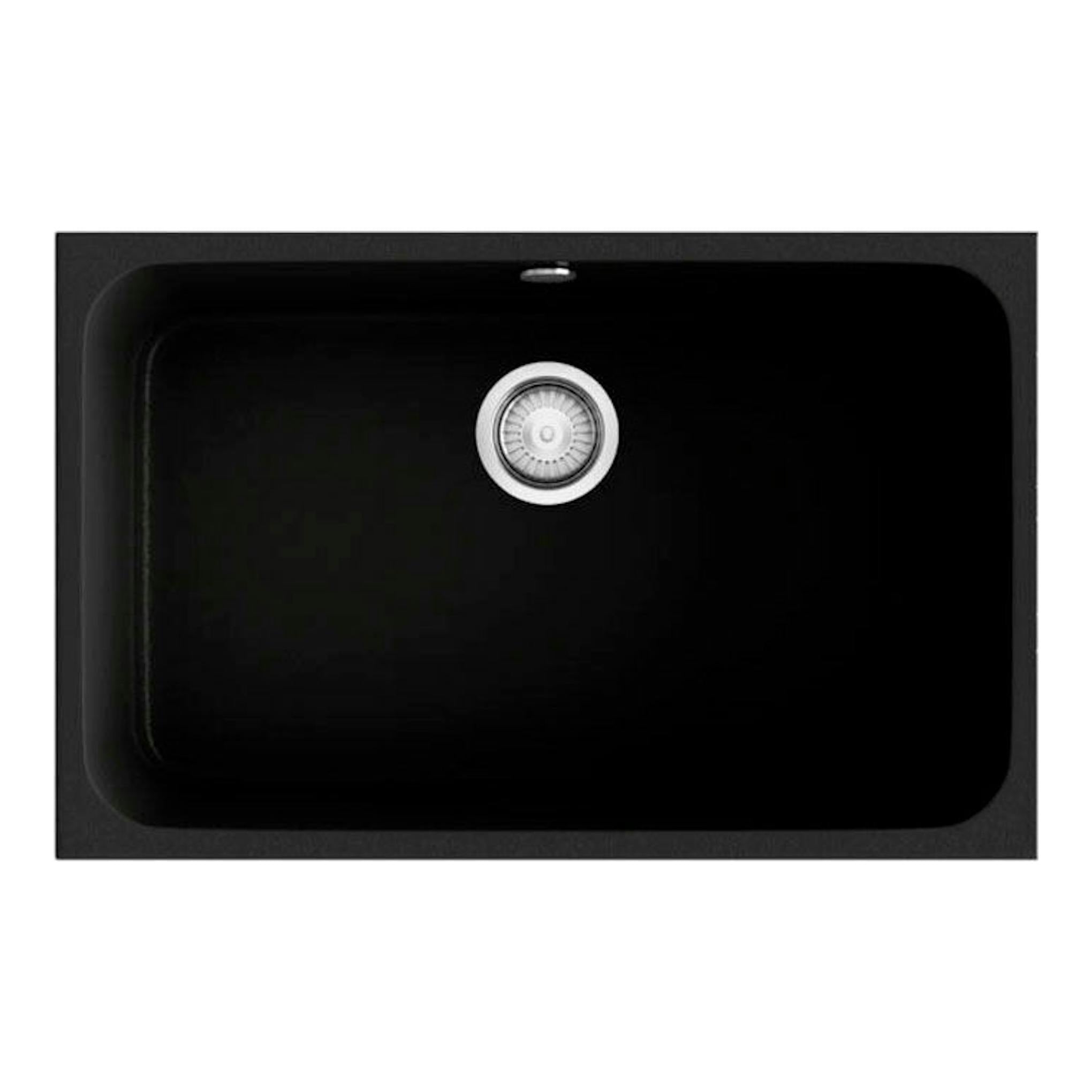 Fregadero Poalgi Essenzial 70 Basalto, vista superior, rectangular, negro con desagüe centrado.