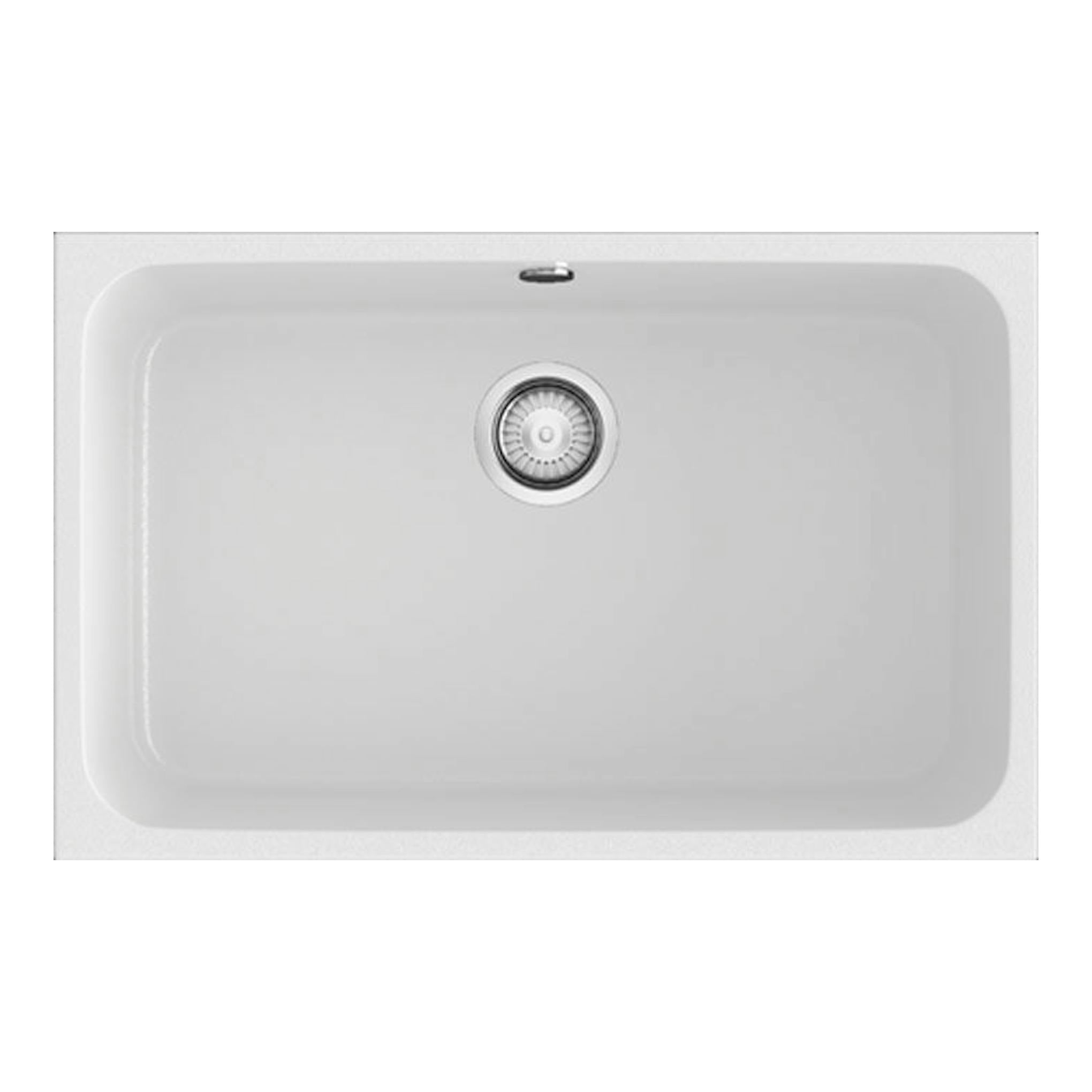 Fregadero Poalgi Essenzial 70 blanco brillo, vista superior, rectangular con desagüe central.