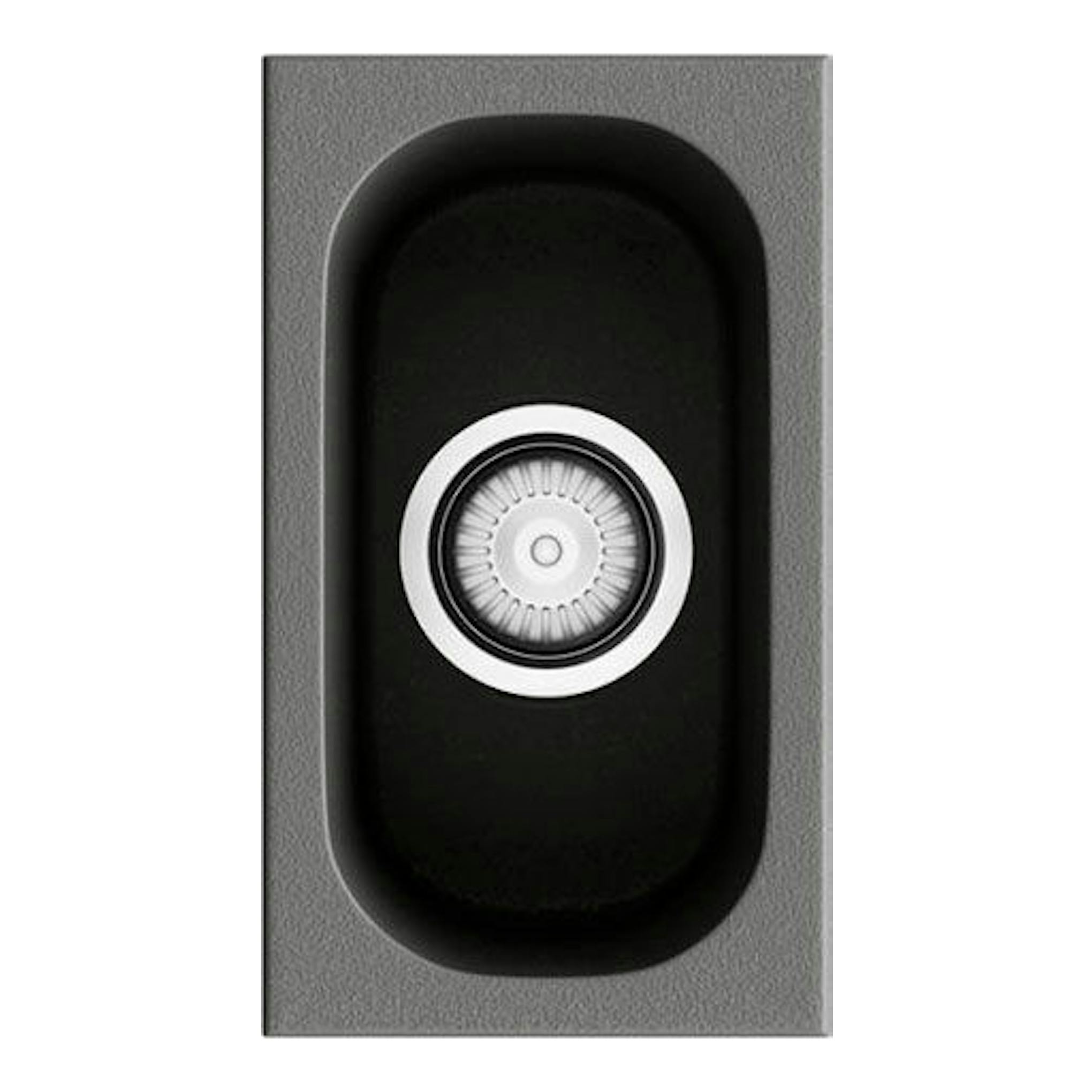 Fregadero Poalgi Gandia 15 Concret, vista cenital, rectangular gris y negro con desagüe central.