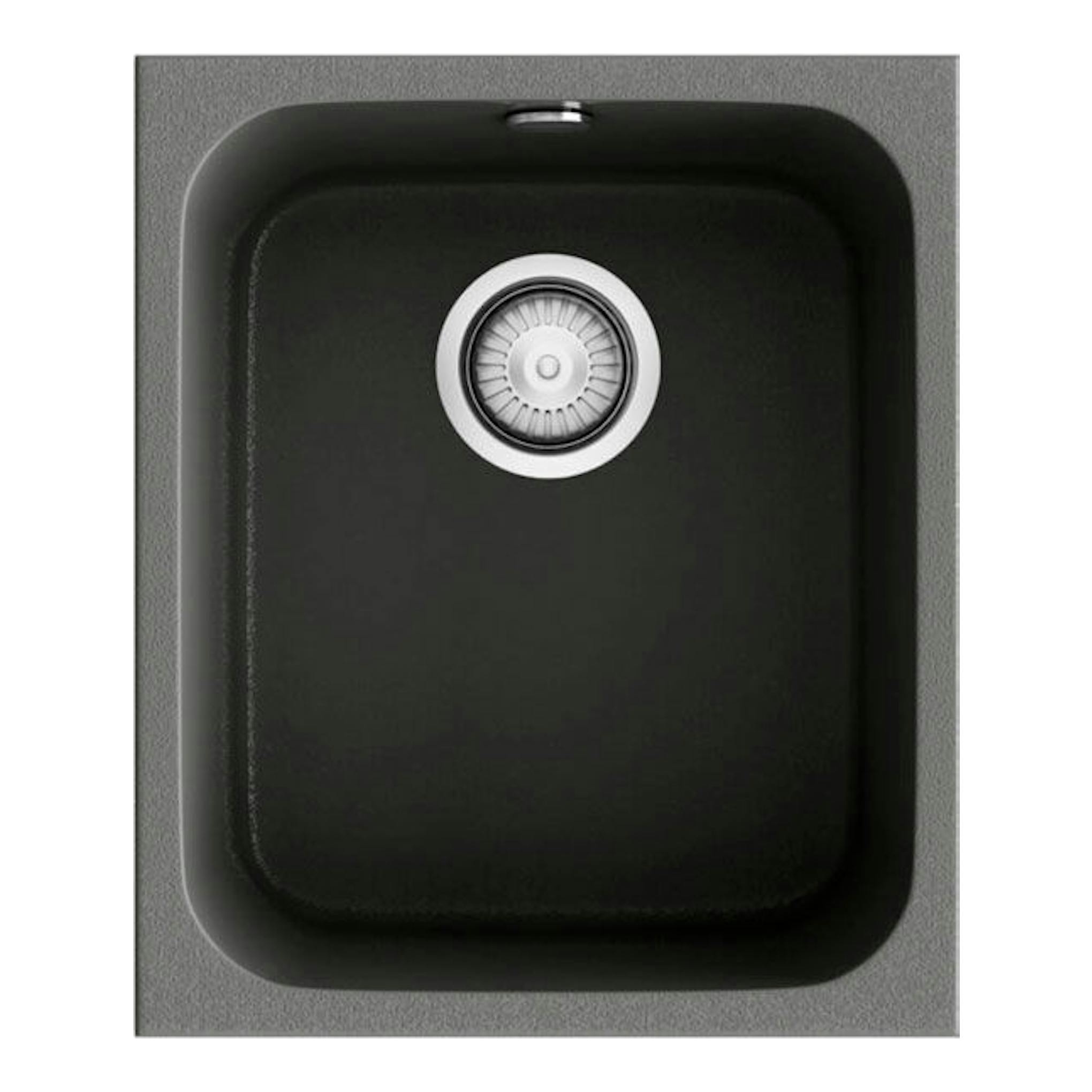 Fregadero Poalgi Gandia 35 gris, vista superior, con cubeta rectangular oscura y desagüe central.
