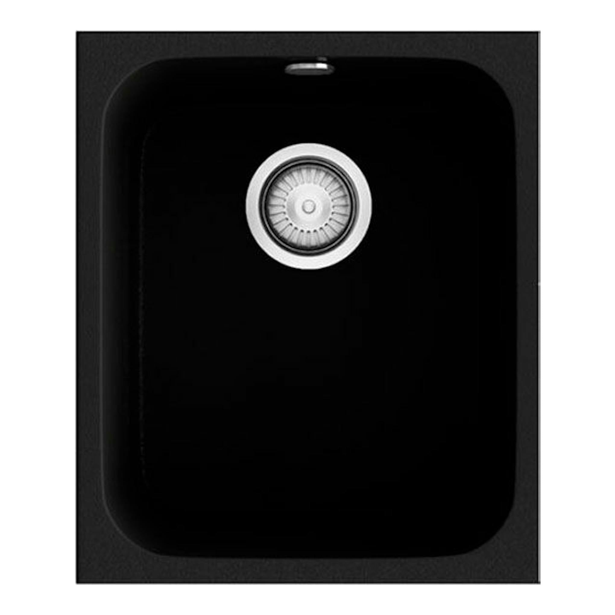 Fregadero Poalgi Gandia 35 negro, vista superior, cubeta rectangular con desagüe centrado.