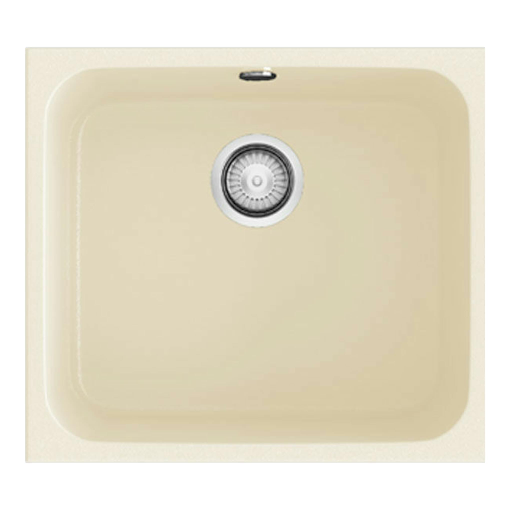 Fregadero Poalgi Gandia 50 Pergamon Mate, vista superior, color beige mate, desagüe centrado.