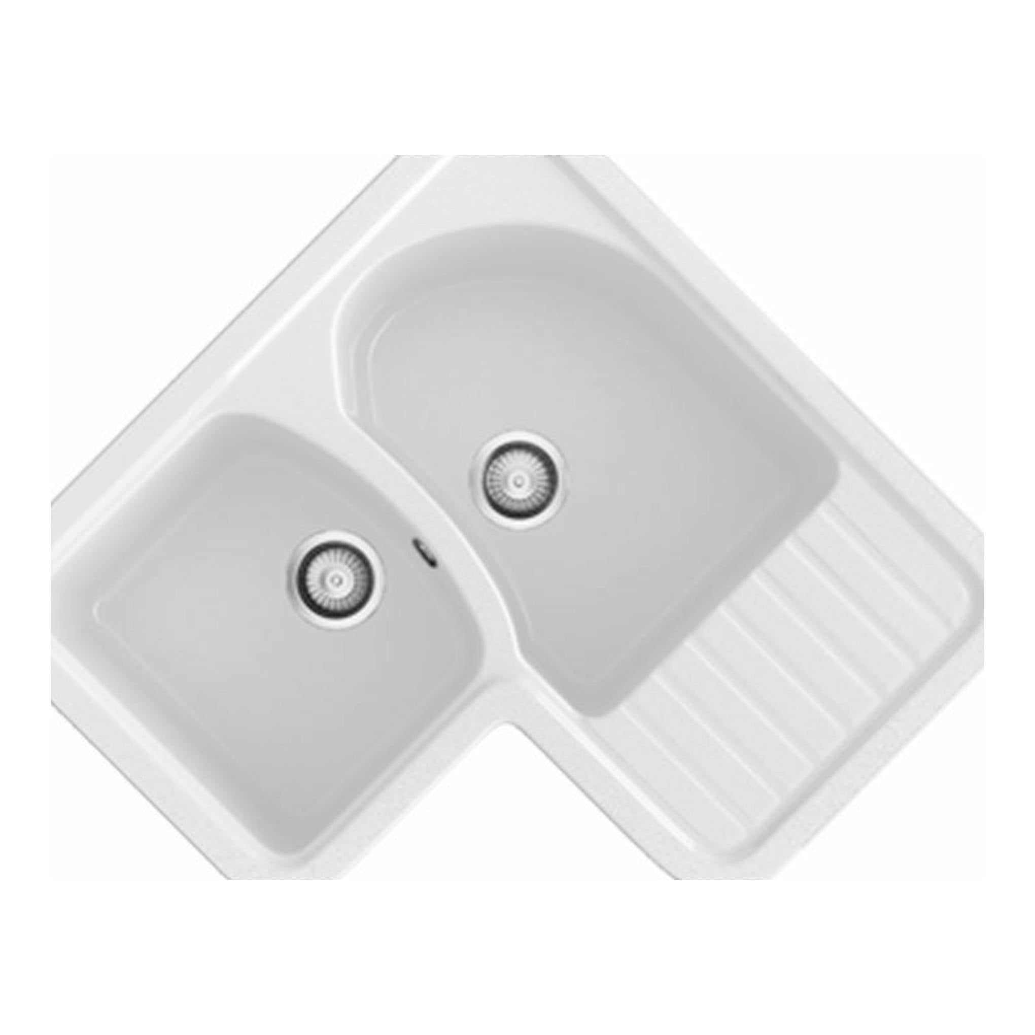 Fregadero Poalgi Jade blanco brillo, vista superior inclinada, doble seno con escurridor.