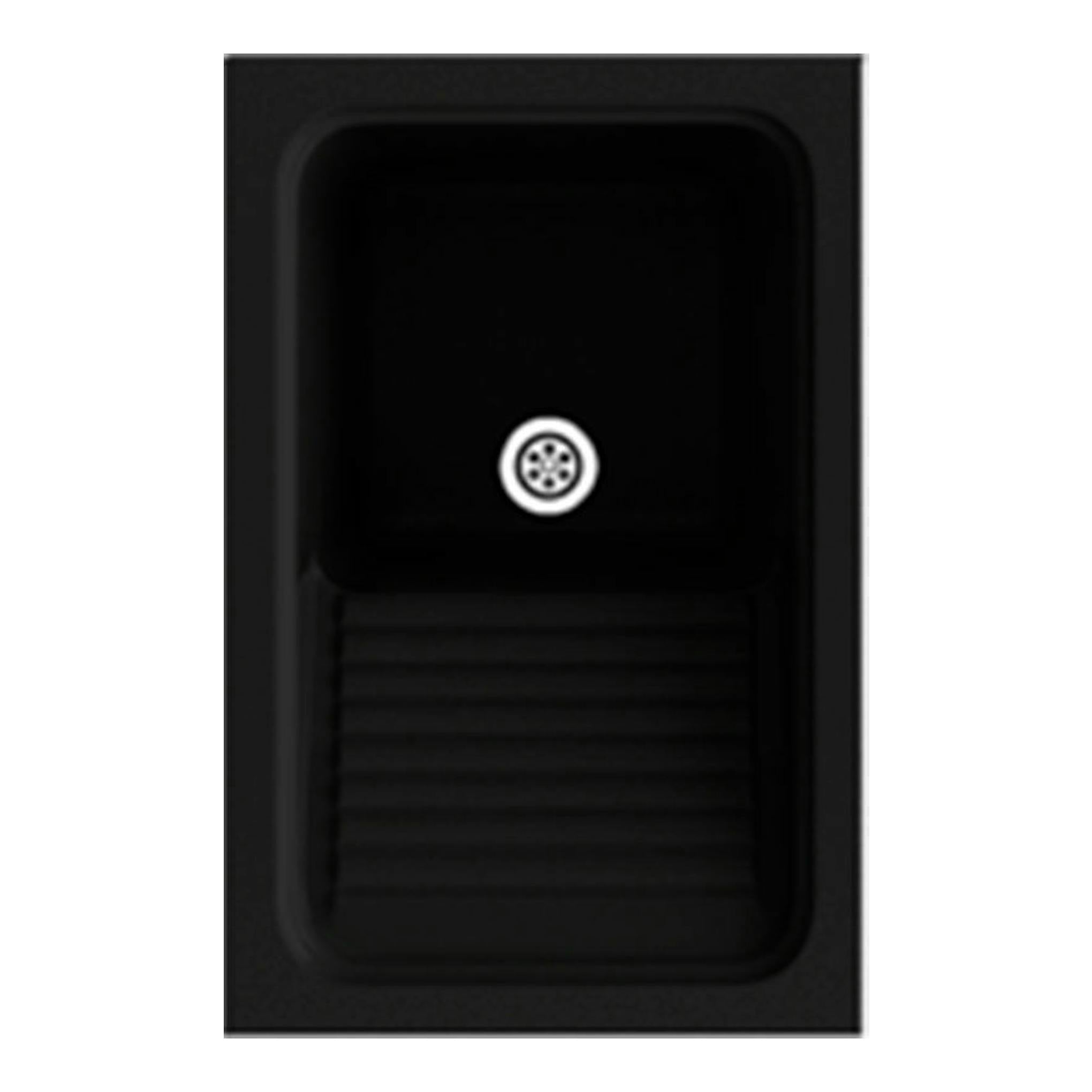 Fregadero Poalgi Silex negro brillante, vista frontal, cubeta rectangular con escurridor y desagüe central.