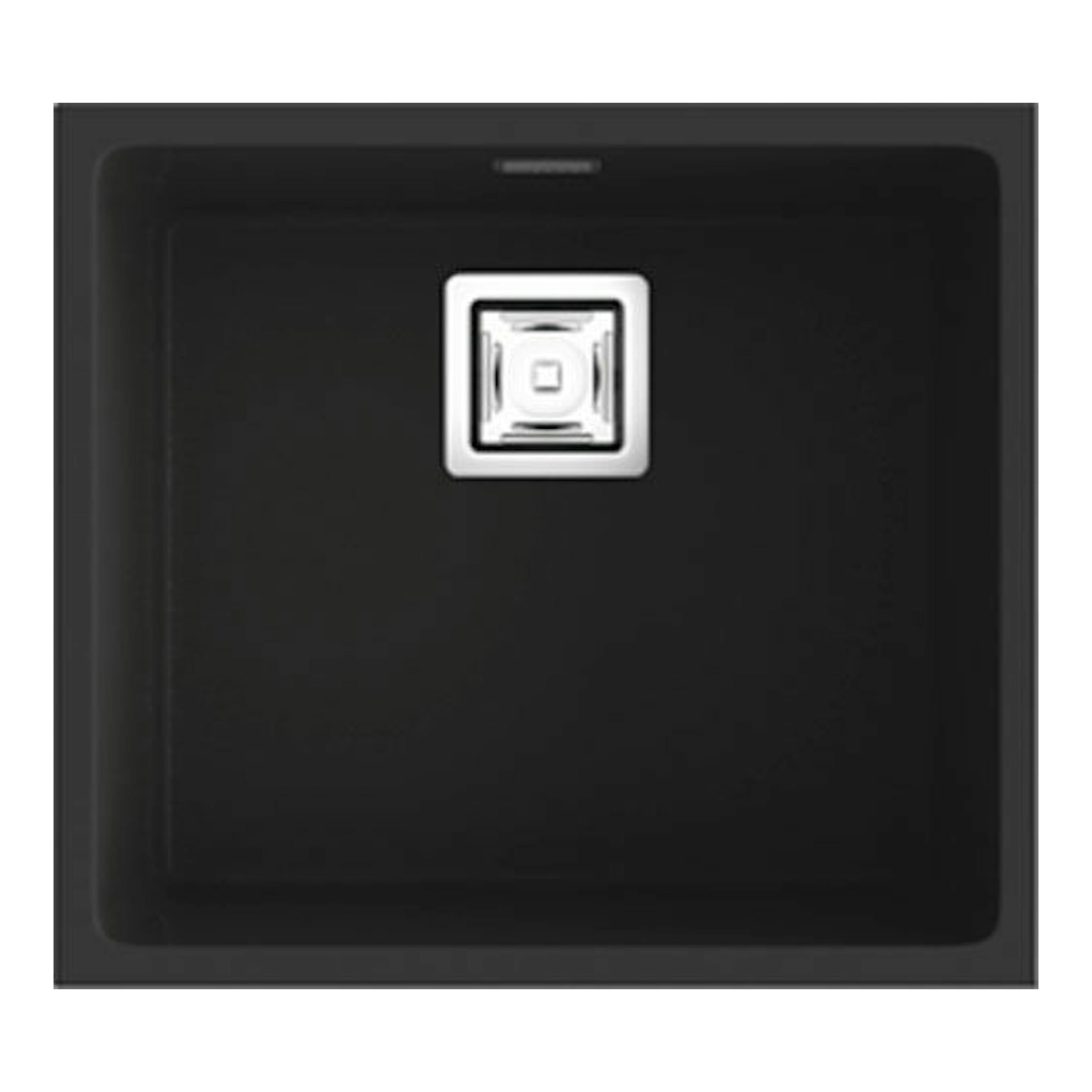 Fregadero Poalgi Zie 45 1C negro mate, vista cenital, con desagüe central.