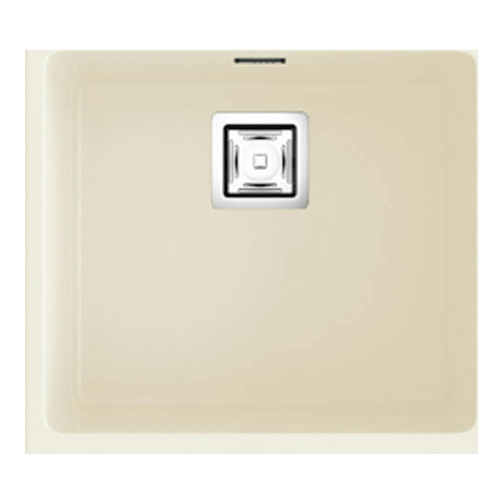 Fregadero Poalgi Zie 45 1C Pergamon Mate, vista superior, beige, con desagüe centrado.
