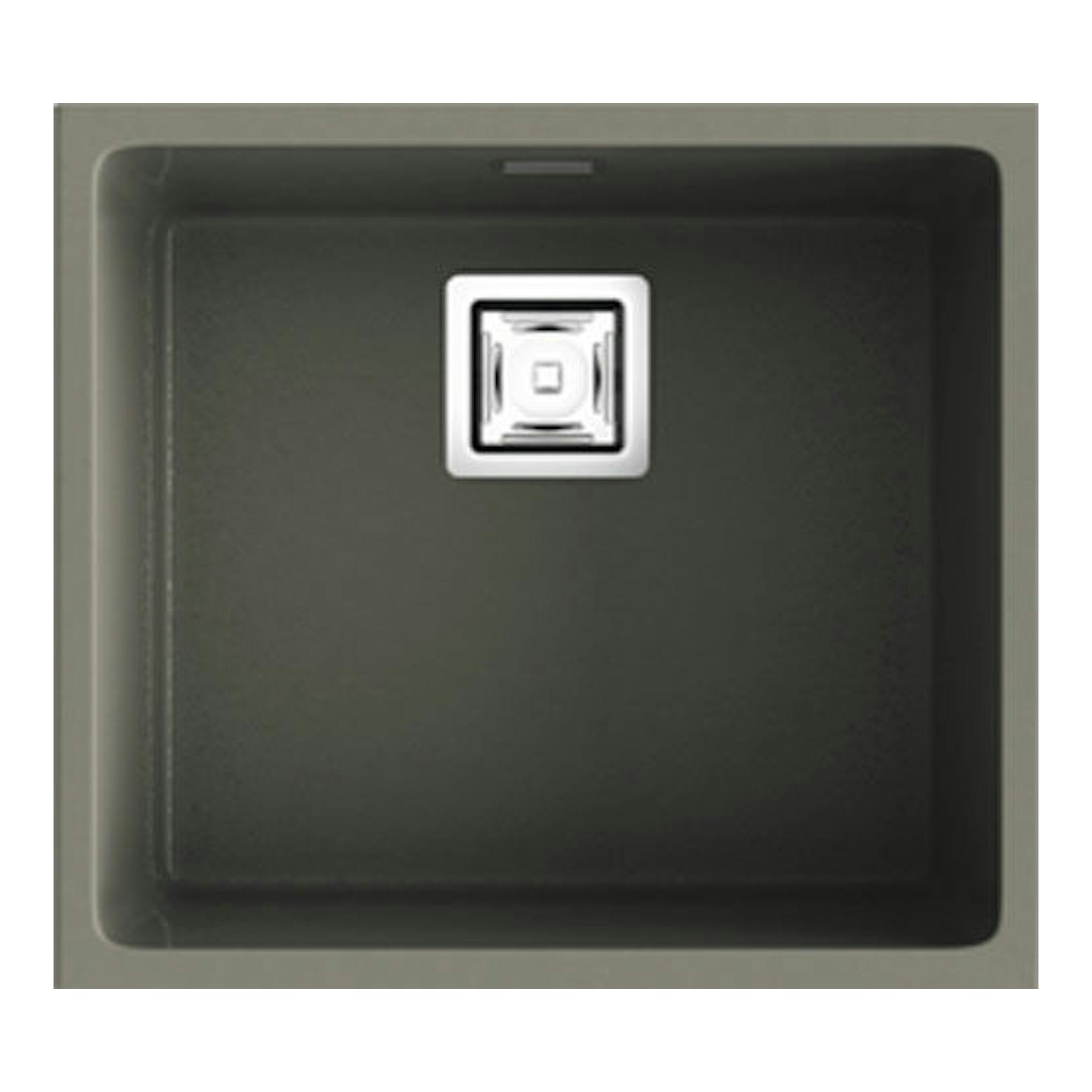 Fregadero Poalgi Zie 45 1C Tundra Mate, vista superior, cubeta cuadrada gris oscuro con desagüe centrado.