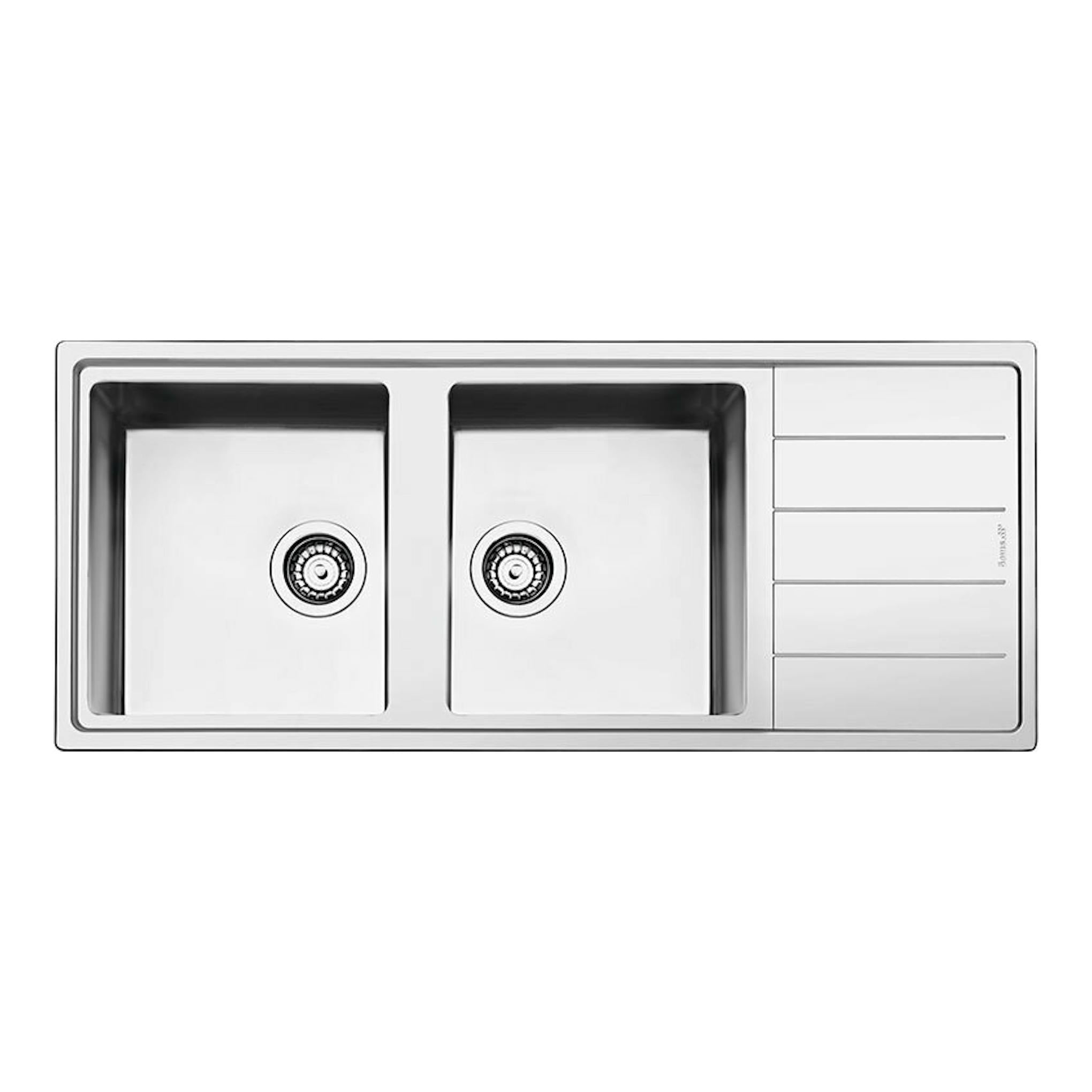 Fregadero Smeg LDR116-2 de acero inox, vista superior, doble seno con escurridor a la derecha.