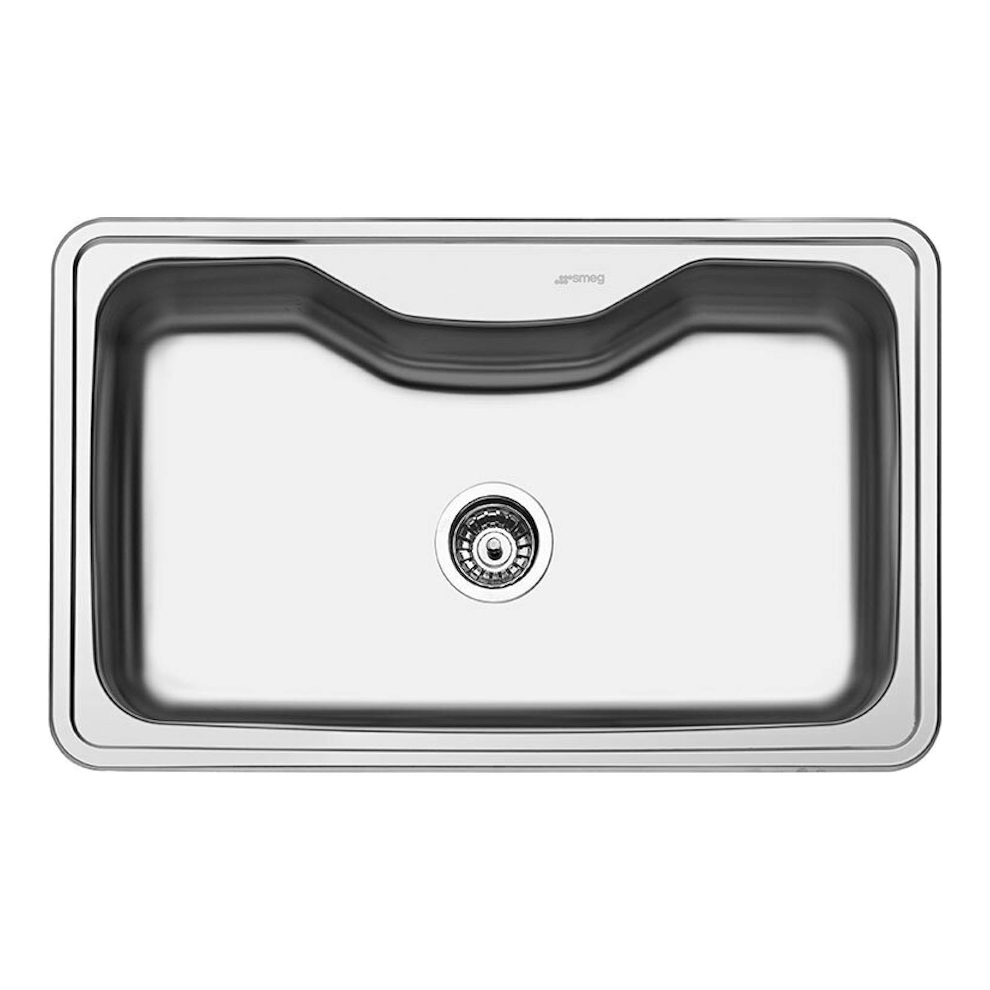 Fregadero Smeg LYG800 de acero inoxidable, vista superior, con cubeta rectangular y desagüe central.