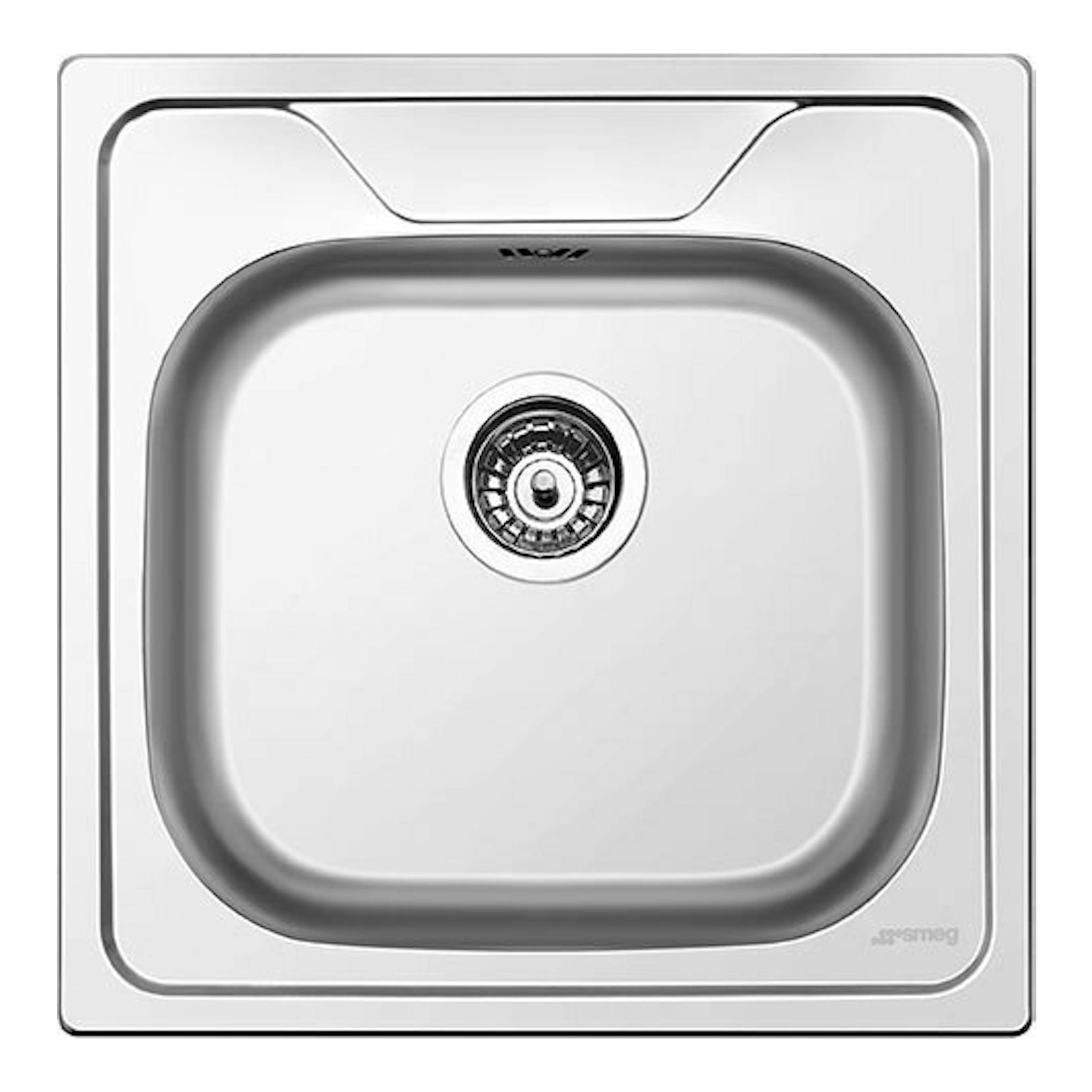 Fregadero Smeg LYP501 de acero inoxidable, vista cenital, con cubeta cuadrada y desagüe central.