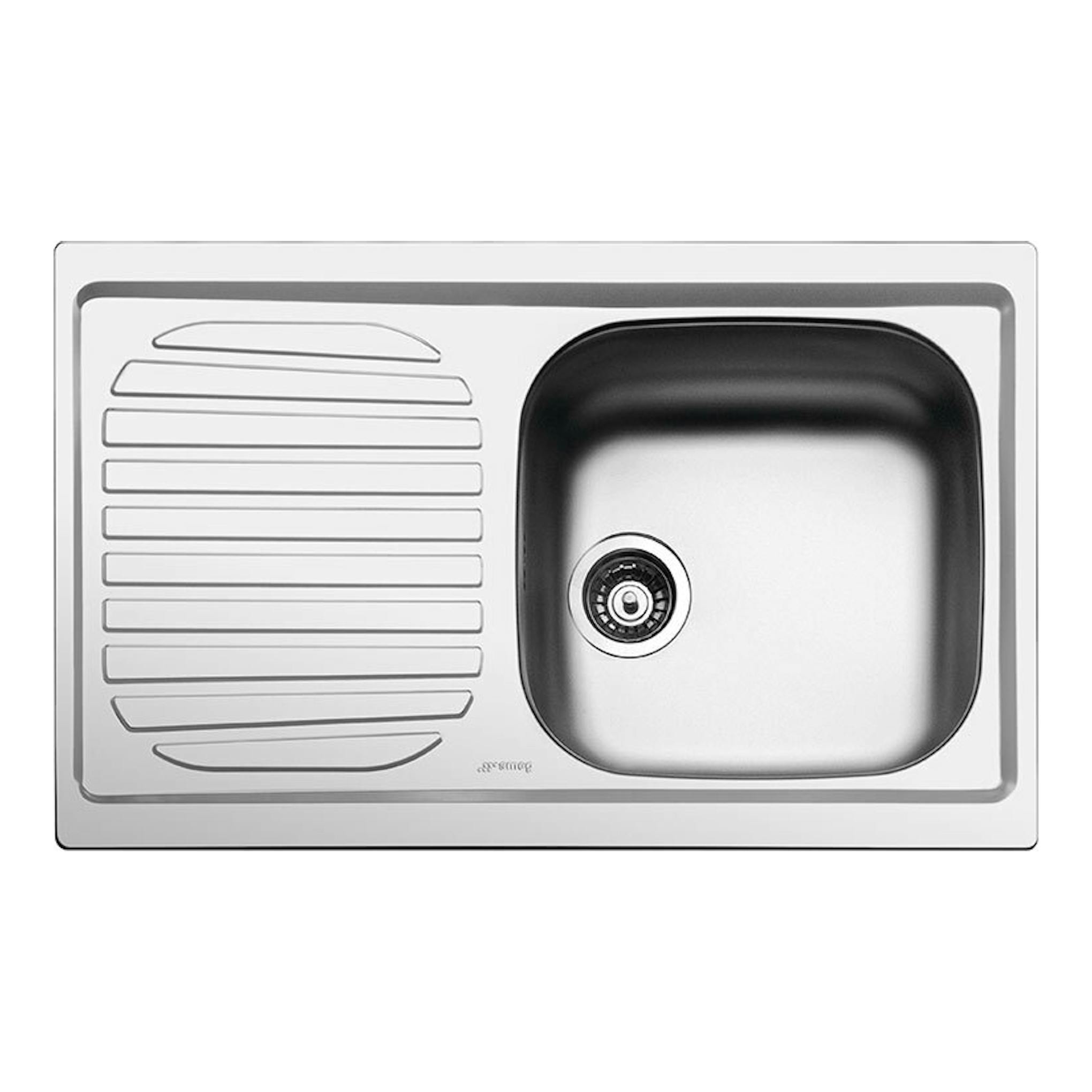 Fregadero Smeg LYP791S de acero inoxidable, vista cenital, con escurridor a la izquierda y cubeta a la derecha.
