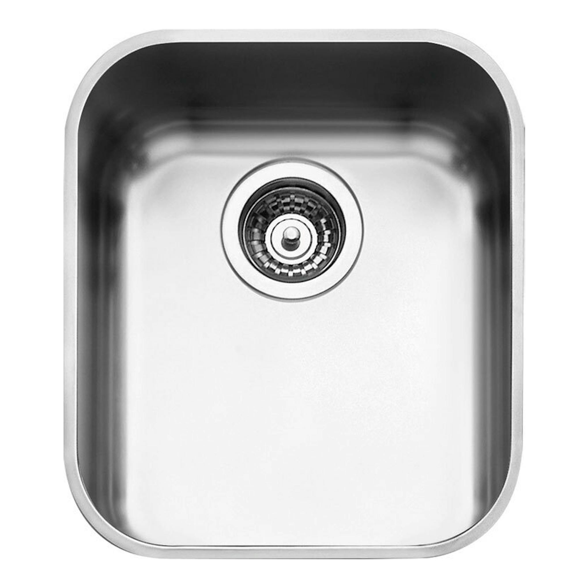 Fregadero Smeg UM40 de acero inoxidable, vista superior, cubeta rectangular con desagüe centrado.