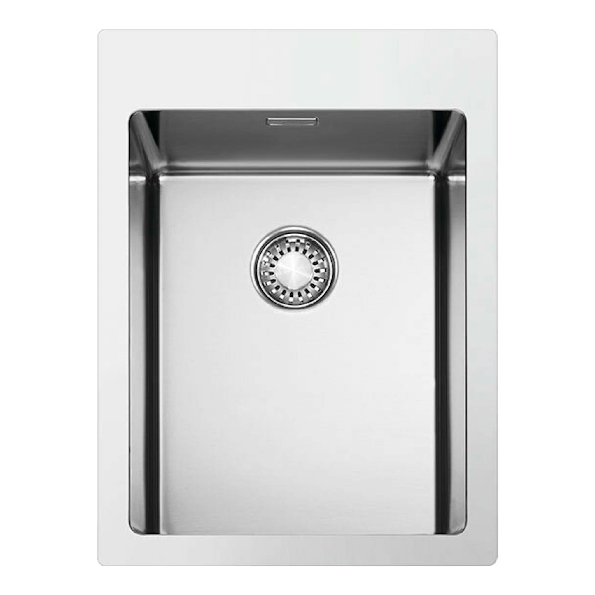 Fregadero Smeg VR12S34 inox, vista cenital de un seno rectangular de acero inoxidable con desagüe central.