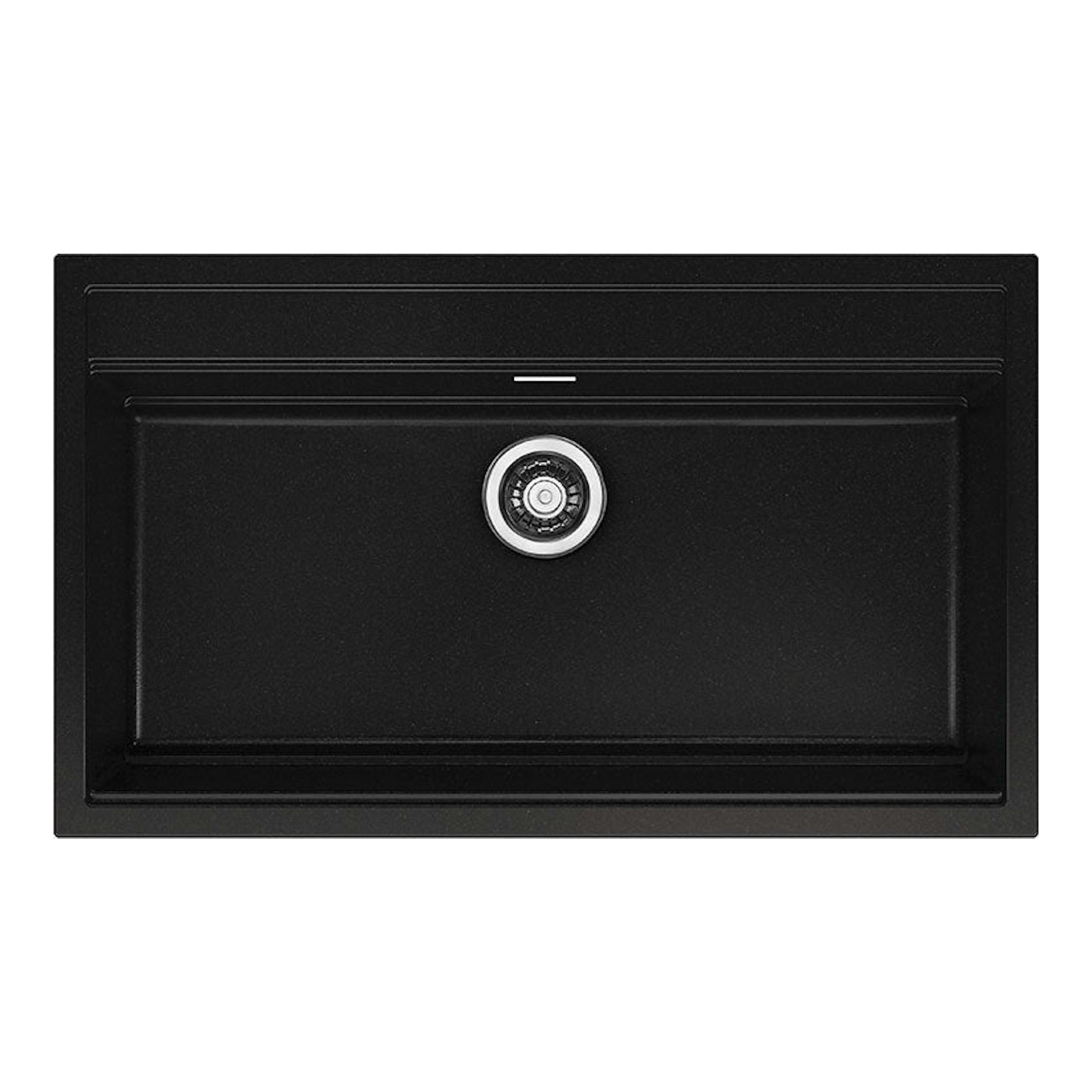Fregadero Smeg VSGX860N negro, vista superior, con cubeta rectangular y desagüe central.