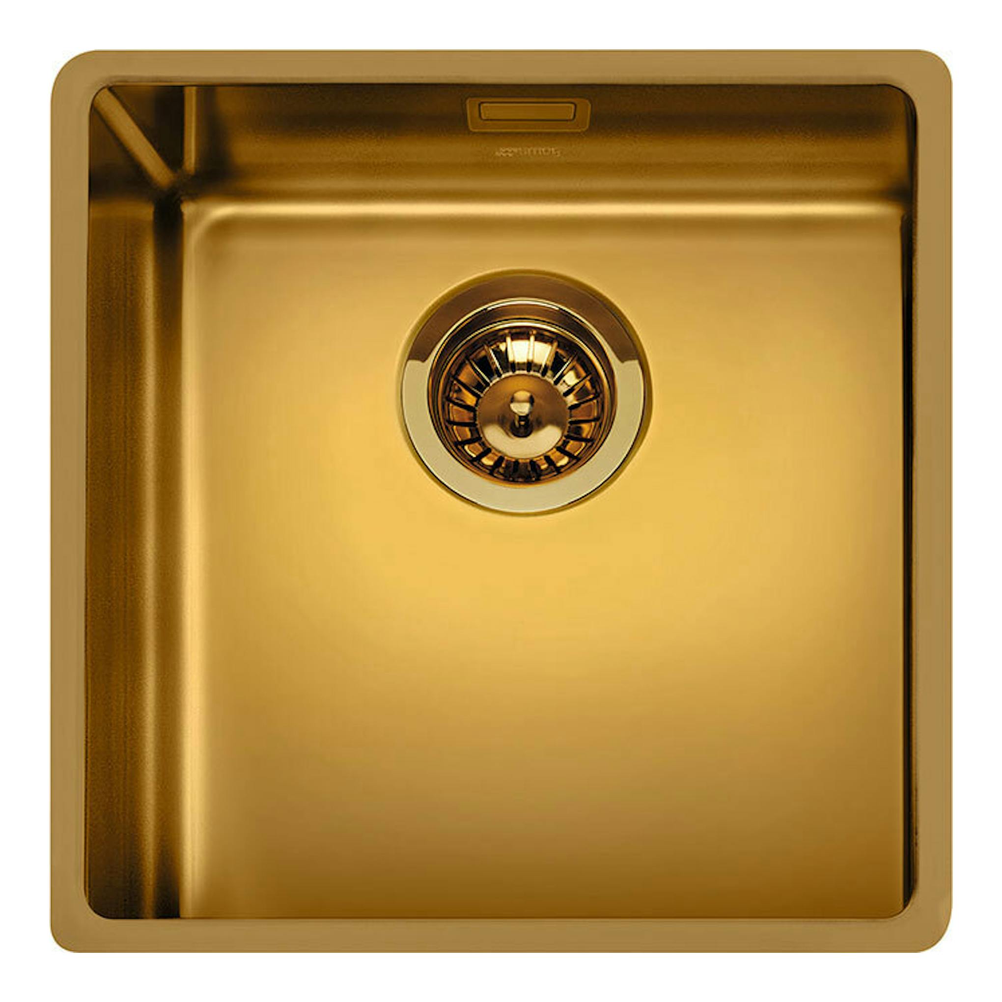 Fregadero Smeg VSTR40BRX dorado, vista superior, seno único cuadrado con desagüe central.