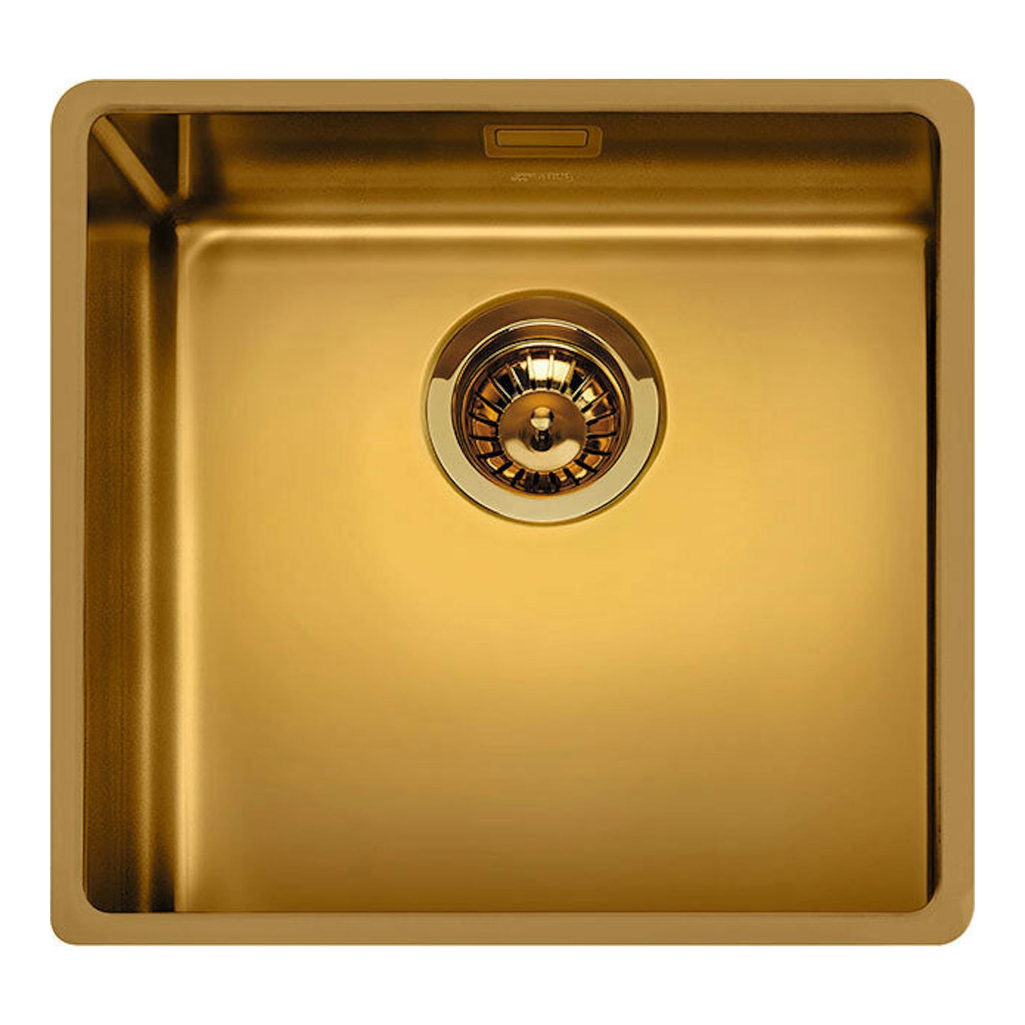 Fregadero Smeg VSTR71BRX dorado, vista superior de cubeta cuadrada con desagüe central.