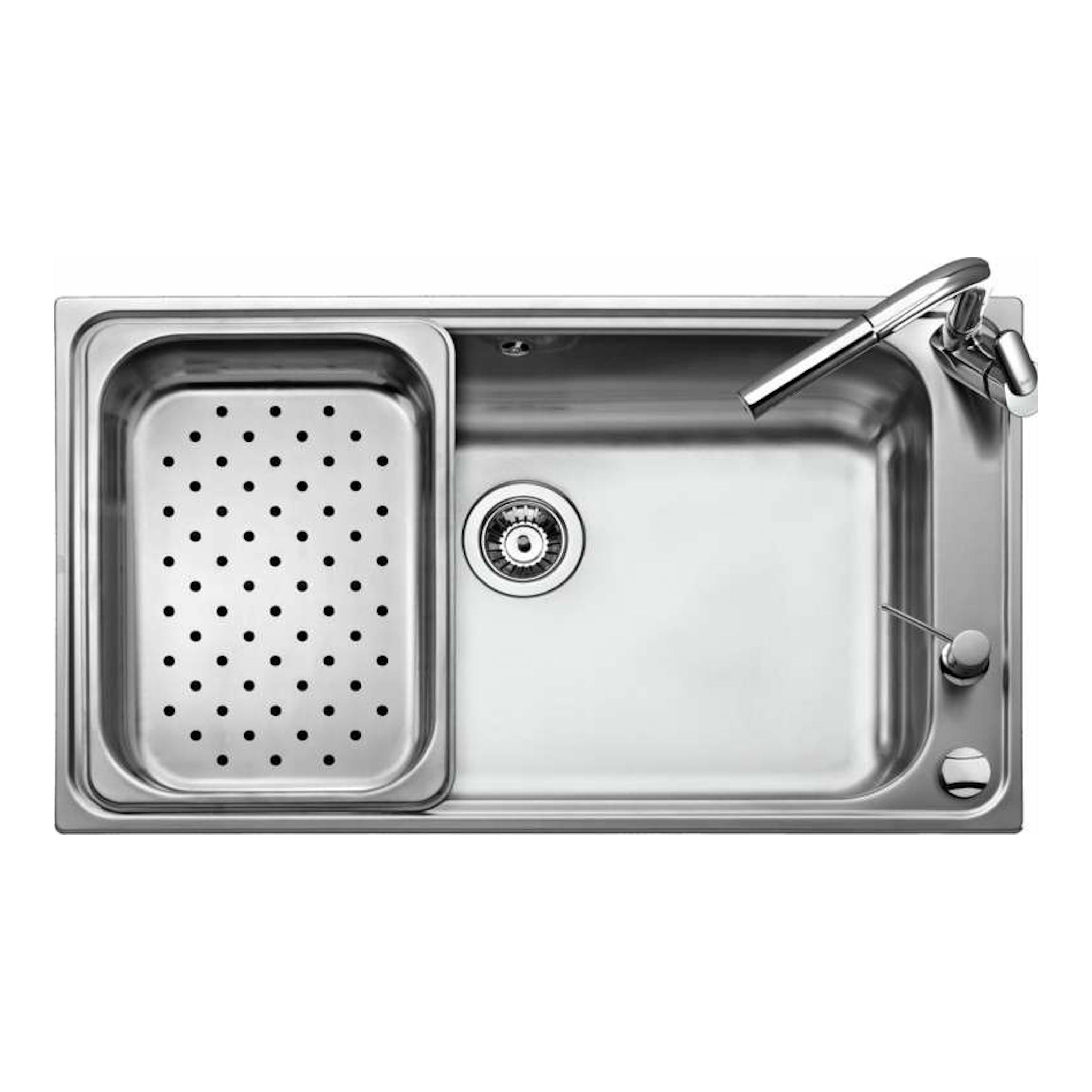 Fregadero Teka BAHIA 1C Plus de acero inoxidable, vista cenital, con cubeta y escurridor perforado.
