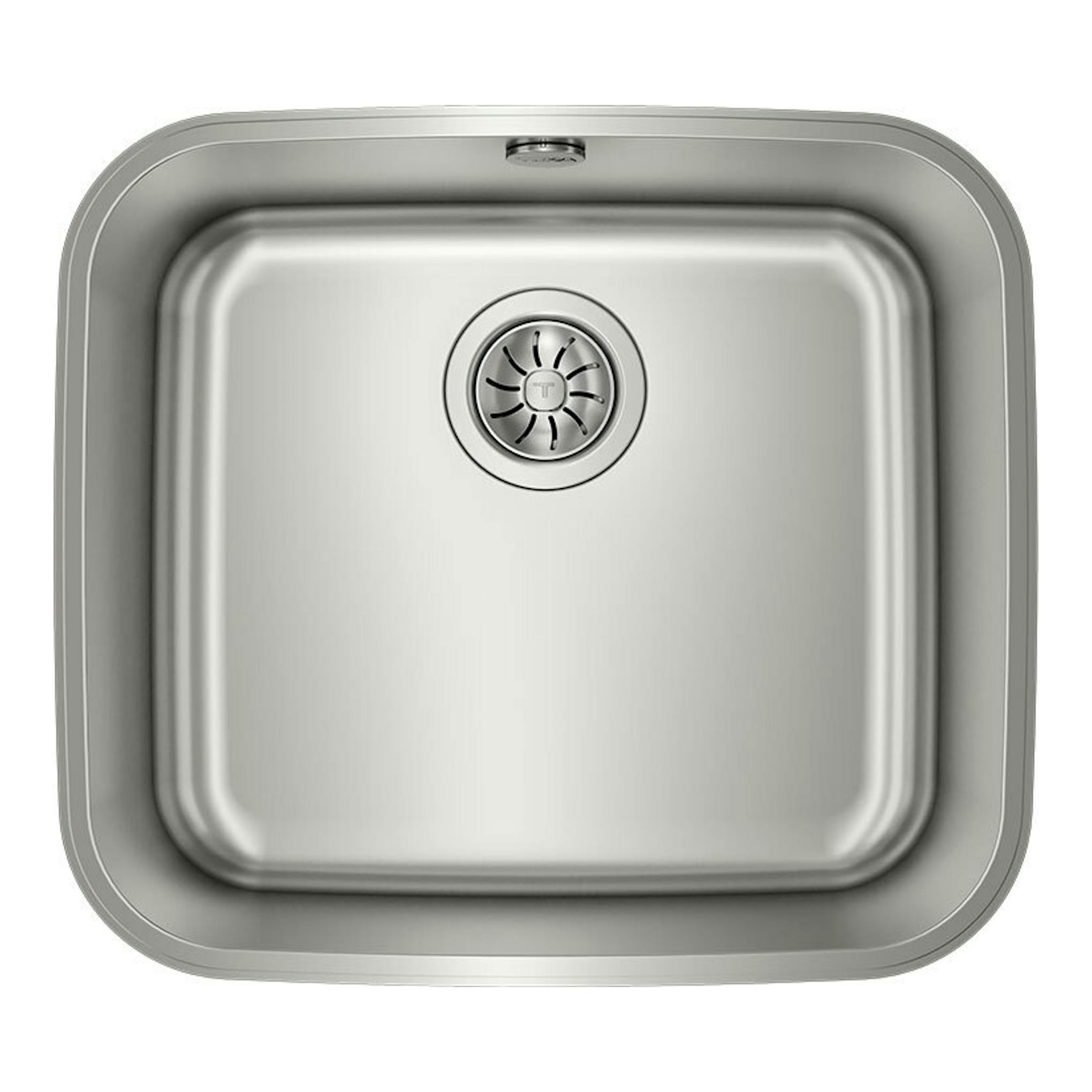 Fregadero Teka BE 45.40 de acero inoxidable, vista superior, cubeta cuadrada con desagüe centrado.