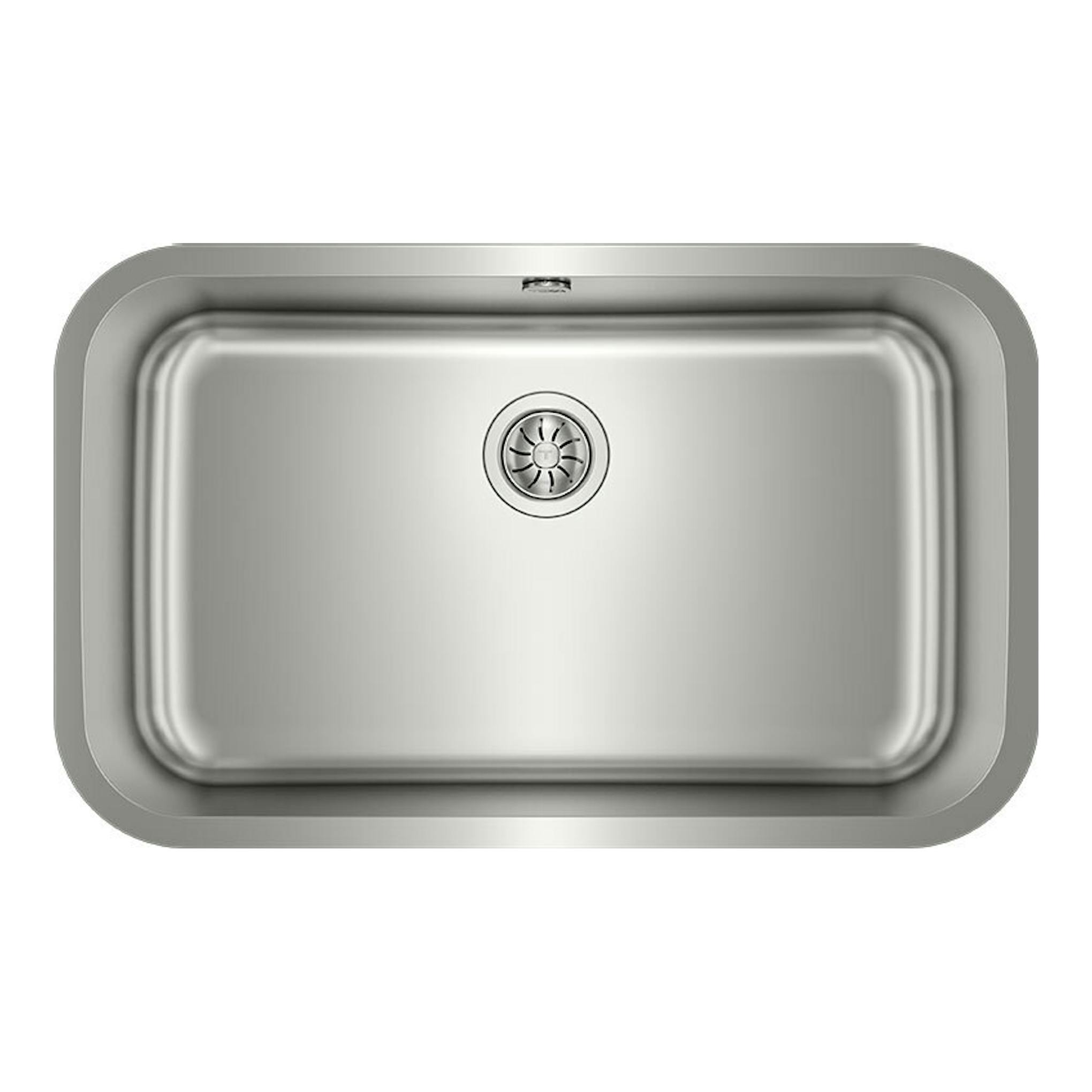 Fregadero Teka BE 74.43 de acero inoxidable, vista superior, cubeta rectangular con desagüe central.