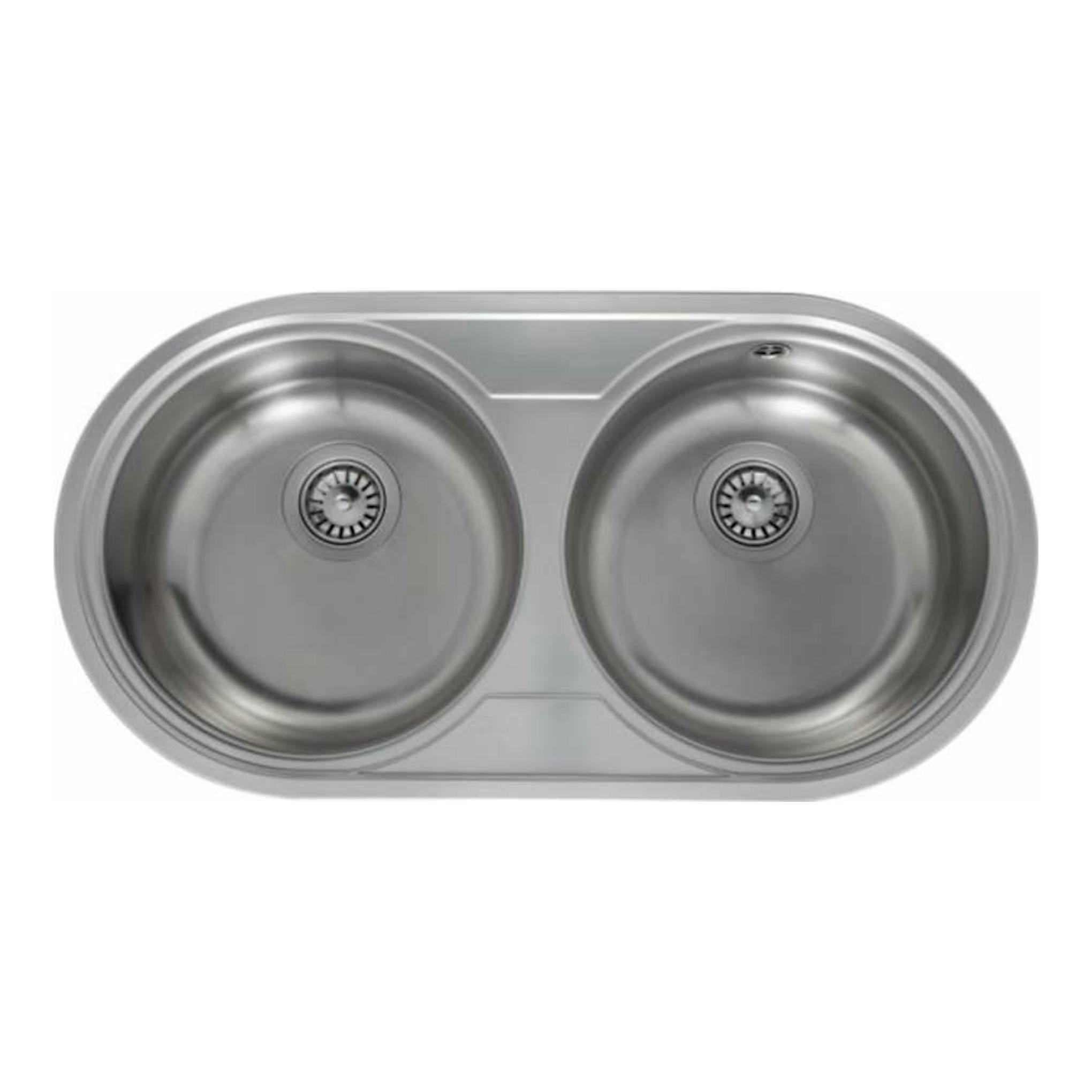 Fregadero Teka DR-80 2C inox, vista superior, doble seno redondo en acero inoxidable.